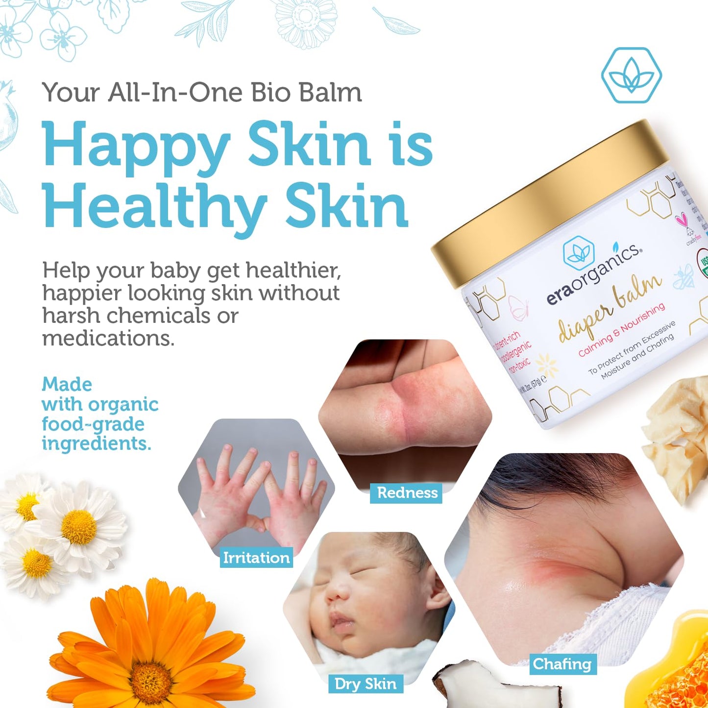 Era Organics Baby Diaper Balm - USDA Organic Ointment Cream Extra Soothing and Nourishing for Dry, Sensitive Skin - All Natural to Help Excess Moisture, Rash or Chafing