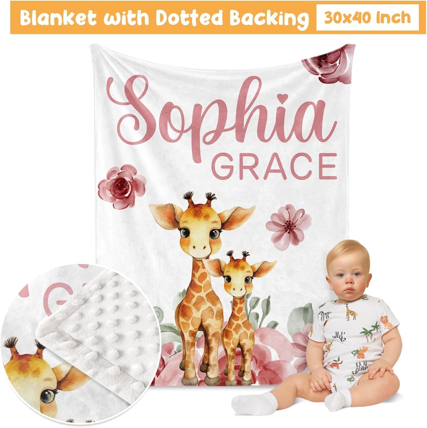 Custom Crib Bedding Set - Giraffe Design Personalized Name Baby Nursery Bed 3 Pcs Set - Chic Soft Blanket with Dotted Backing, Sheet, Pillowcase for Newborn Girls Boys Gifts Color20