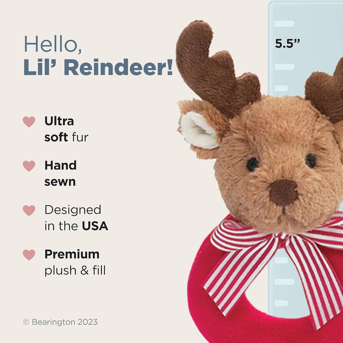 Bearington Baby Lil’ Reindeer Christmas, 5.5 Inch Christmas Reindeer Plush Stuffed Animal, Soft Baby Rattles and Plush Rings
