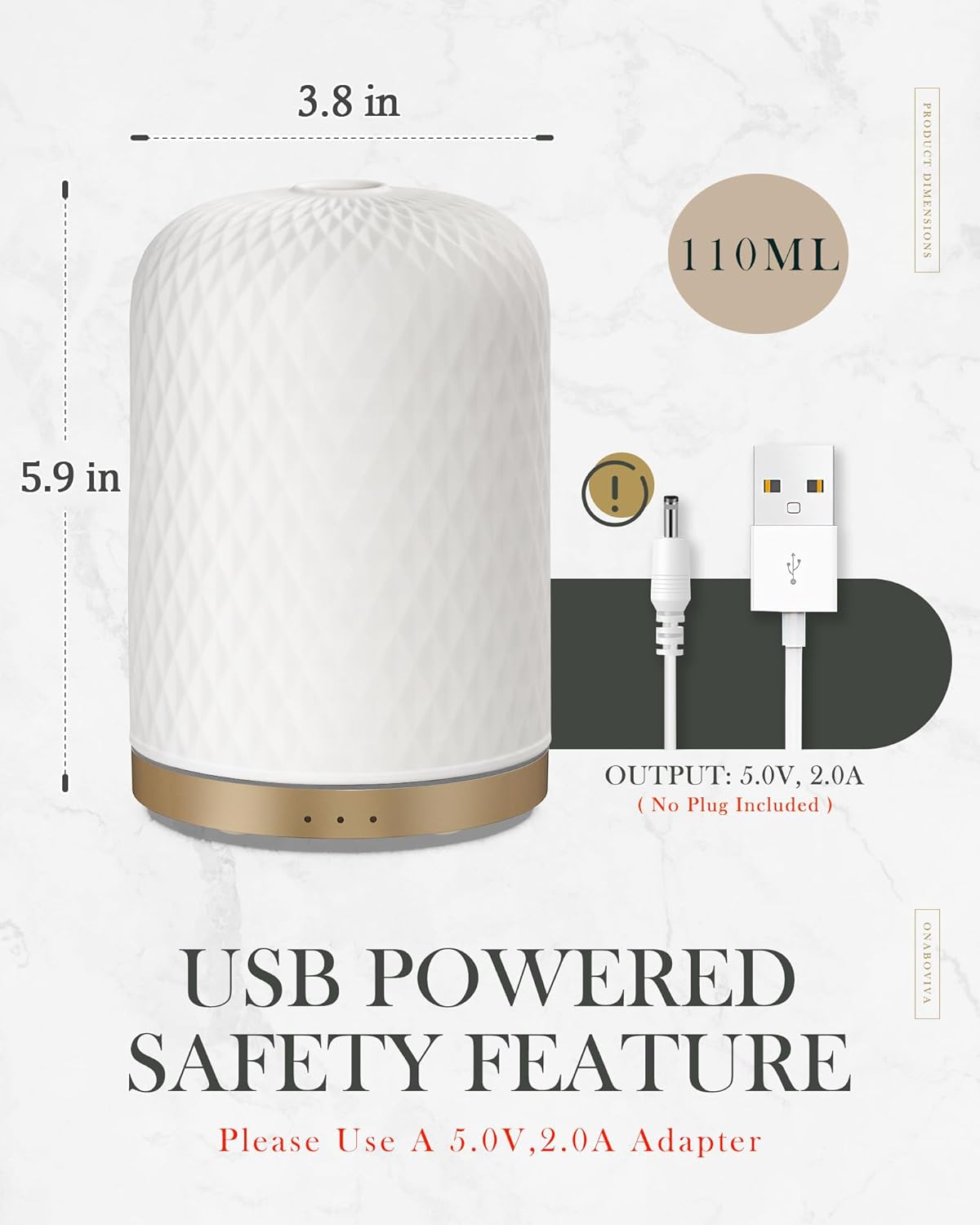 Essential Oil Diffuser,110ML Diffusers for Essential Oils Large Room, Ceramic Diffusers USB Powered Decorative Ultrasonic Defuzzer, Ideal for Aesthetic Home,Dorm Décor, Yoga,White