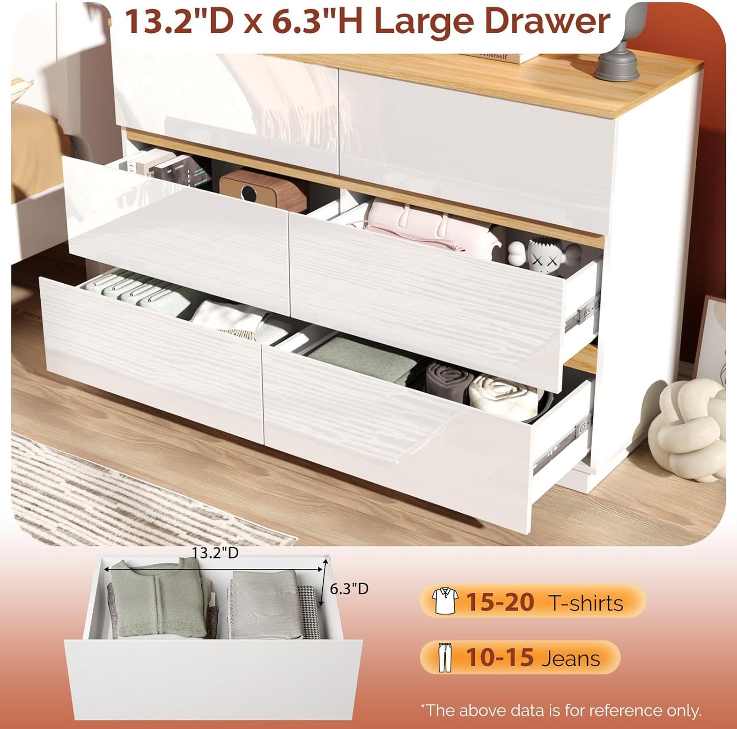 VINGLI White Dresser High Gloss Chest of Drawers, 6 Drawer Dresser for Bedroom, Modern Dressers Wood, Brown Top, 47.2" W x 15.75" D x 31.5" H
