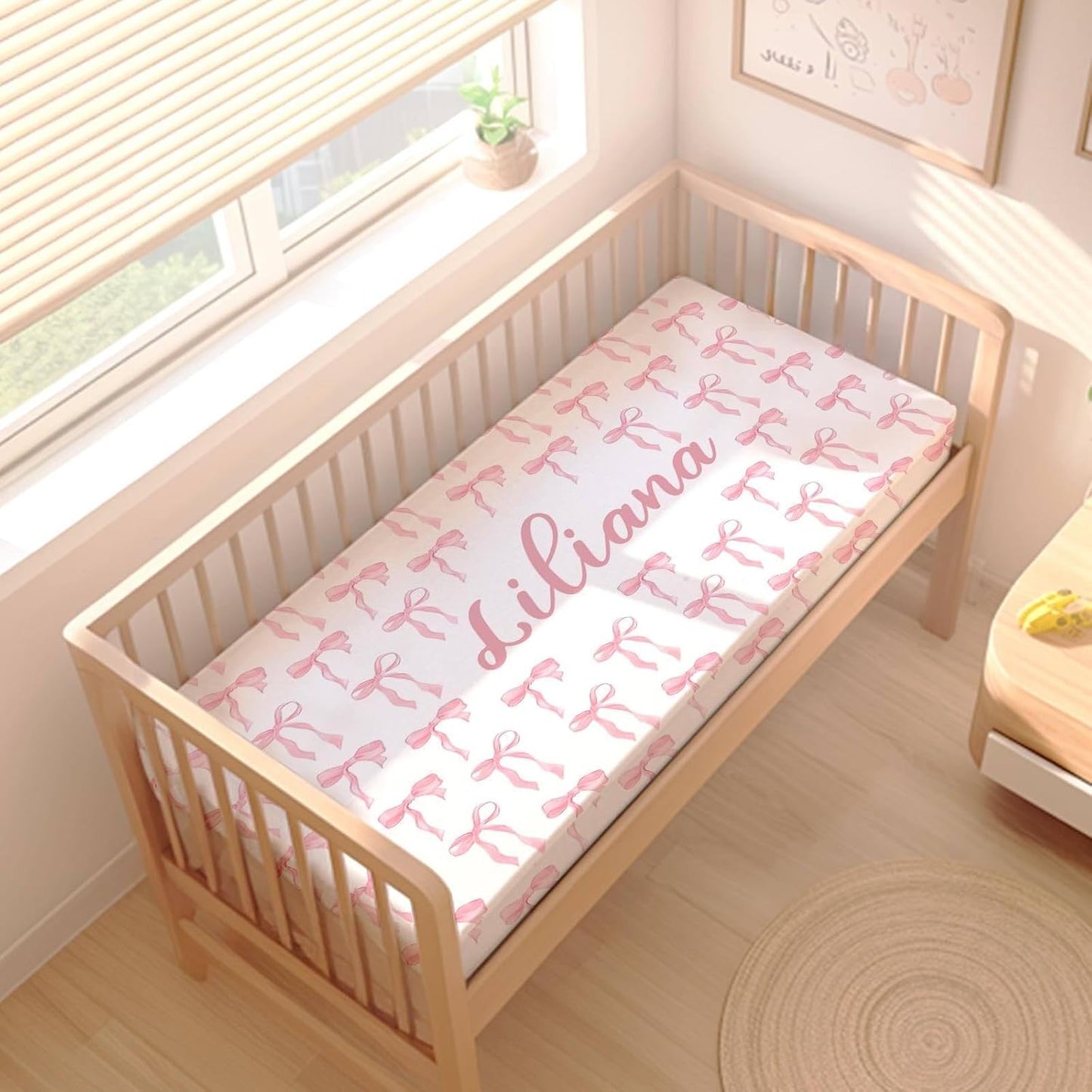 Personalized Baby Girl Crib Bedding Set – Custom Name Pink Bow 3-Piece Nursery Set with Soft Flannel Blanket, Fitted Sheet & Pillowcase – Infant & Toddler Bedding Gift