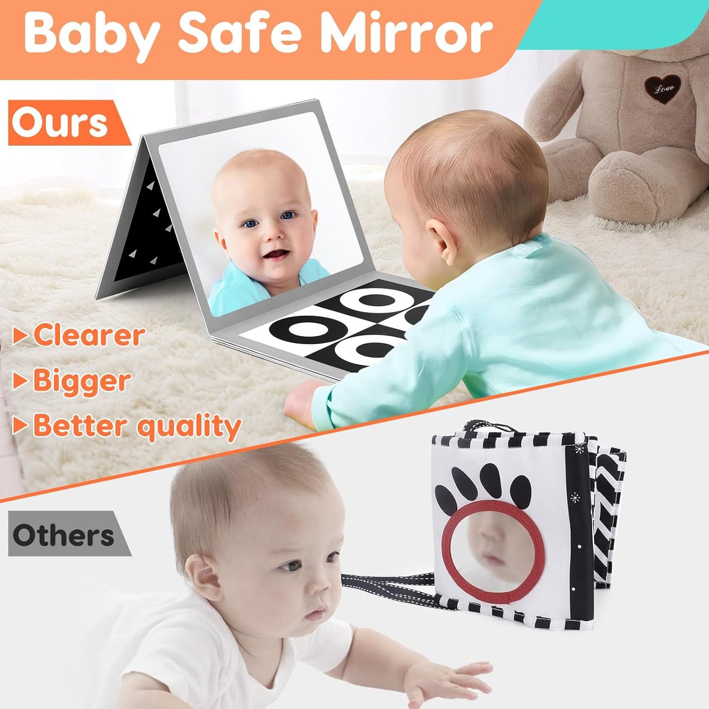 Black and White High Contrast Baby Books Flash Cards Tummy Time Mirror Toys Newborn Toys 0 6 Months Brain Development Infant Stimulating Sensory Toy 0-3 3-6 2 4 5 Months old Baby Boy Girl Shower Gifts