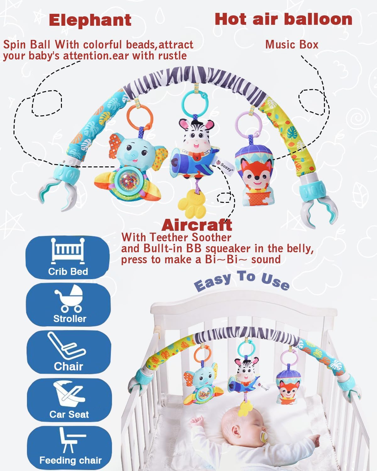 Pau1Hami1ton Baby Stroller Arch Toys, Car Seat Toys,Bouncer Toy Bar/Mobile for Bassinet,Adjustable Baby Hanging Toys Fit for Crib Bed,Stroller,Car Seat.S-19(Aircraft)