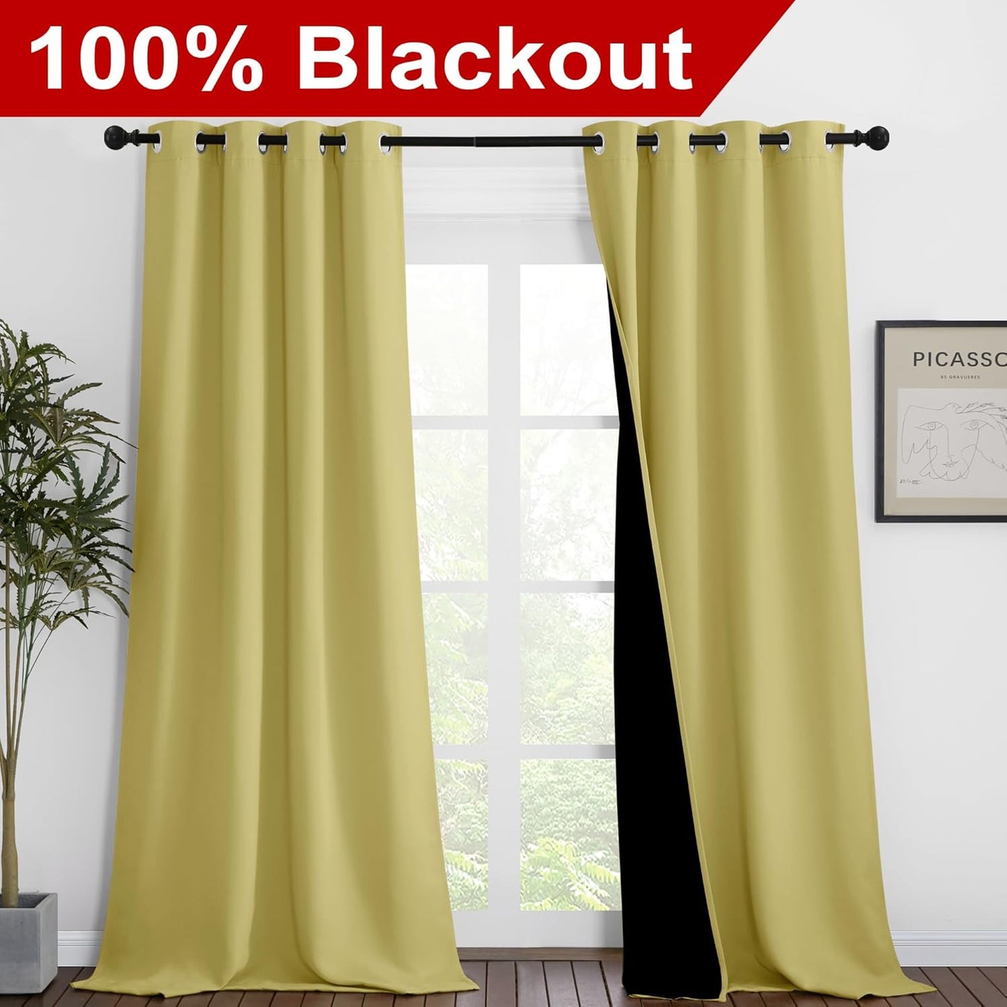 NICETOWN 100% Blackout Blinds, Set of 2, 46 inches x 96 inches, Laundry Room Decor Window Treatment Curtains for Large Patio Sliding Door, Thermal Insulated Paler Yellow Curtains for Bedroom