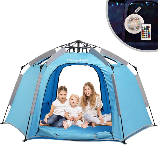 Portable Hexagon Kids Play Tent with LED Strip Lights Indoor Children Play House Easy Set-up Space Tent Dream Tent for Night.4-5 Person Birthday Gifts