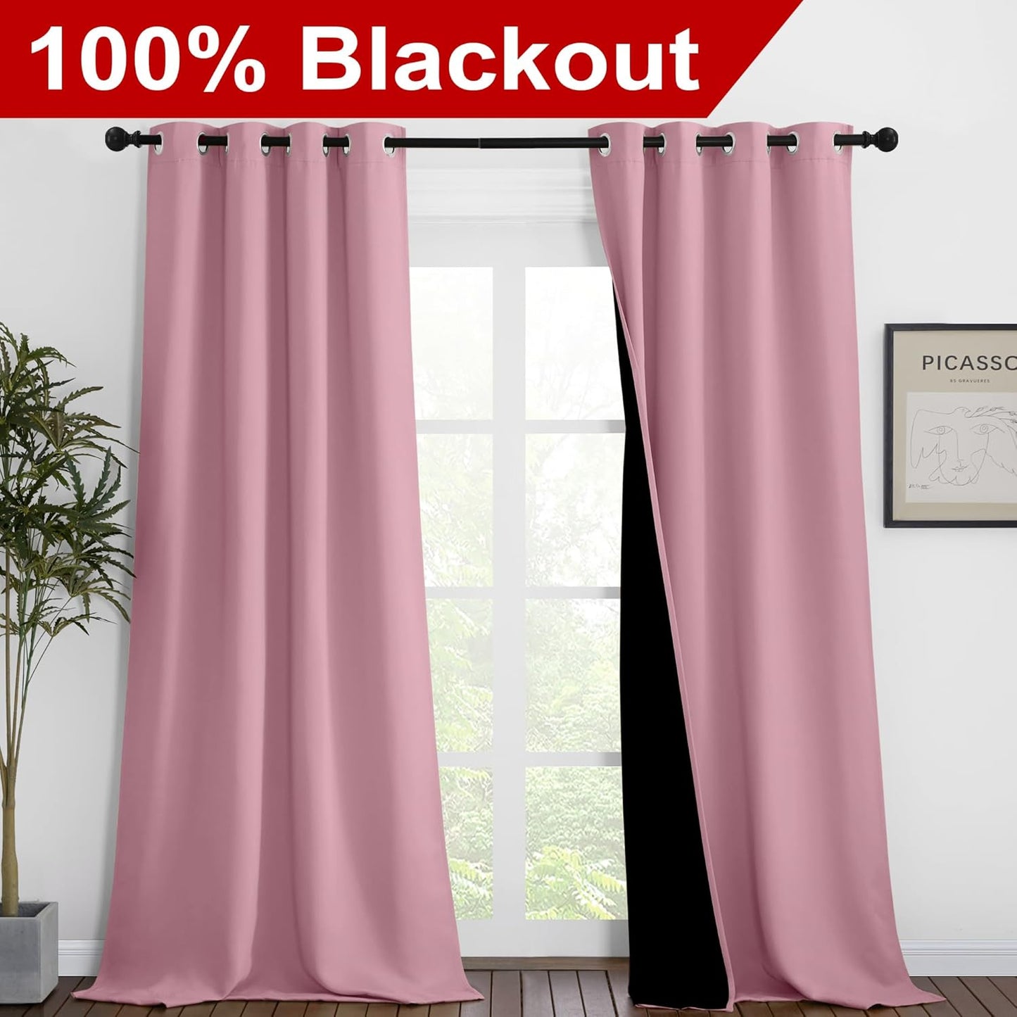NICETOWN Crystal Pink Full Shade Curtain Panels, Pair of Thermal Insulated & Energy Efficiency Blackout Curtains for Living Room Windows, Lined Silky Performance Window Dressing (46" Wide x 90" Long)