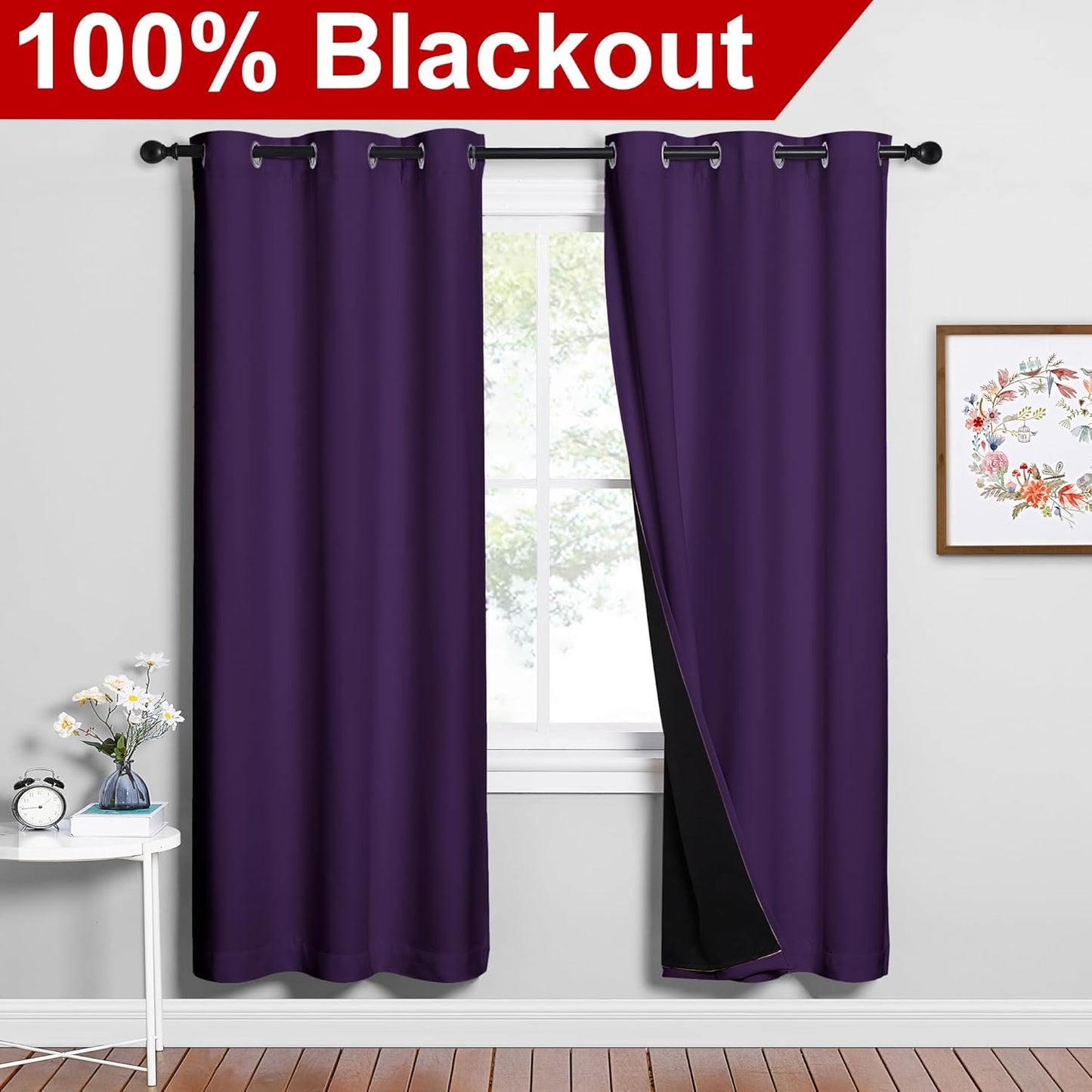 NICETOWN Full Shade Curtain Panels, Royal Purple, 42 x 72 inch, Pair of Energy Smart & Noise Blocking Out Blackout Drapes for Dining Room Window, Thermal Insulated Guest Room Lined Window Dressing