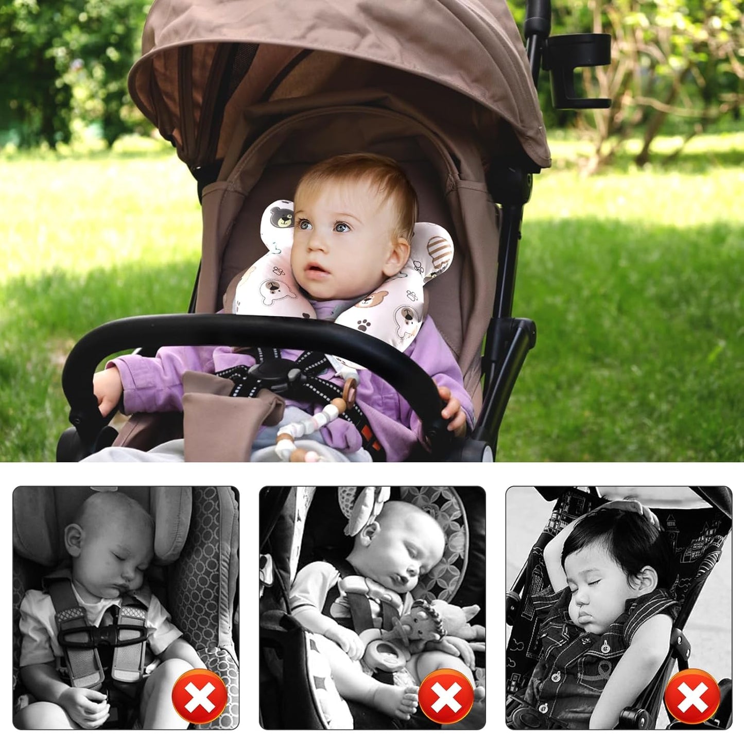 vocheer Baby Travel Pillow(Upgraded), Head and Neck Support Pillow for Pushchair, Car Seat,Stroller, Bouncer, Cotton(Bear)