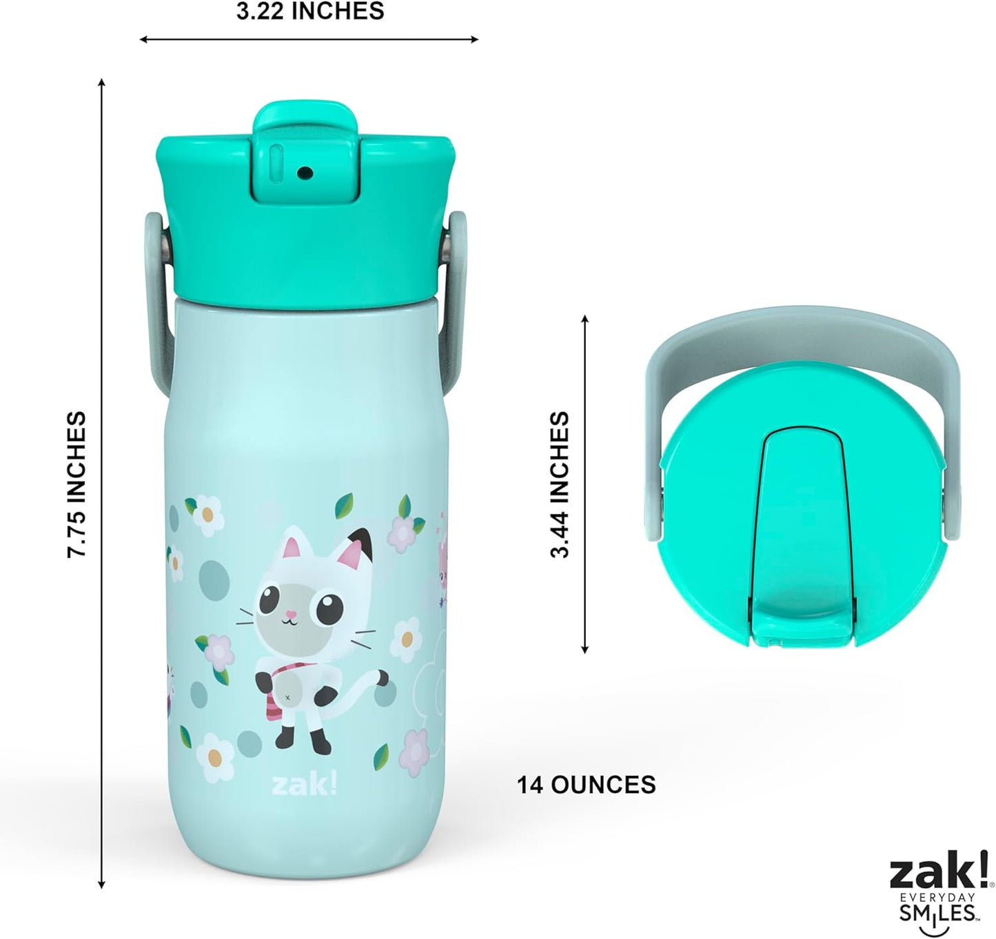 Zak Designs Harmony Gabby's Dollhouse Kid Water Bottle for Travel, 14oz Recycled Stainless Steel, Leak-Proof When Closed and Vacuum Insulated (Pandy Paws, Cakey Cat, Mercat, Kitty Fairy)