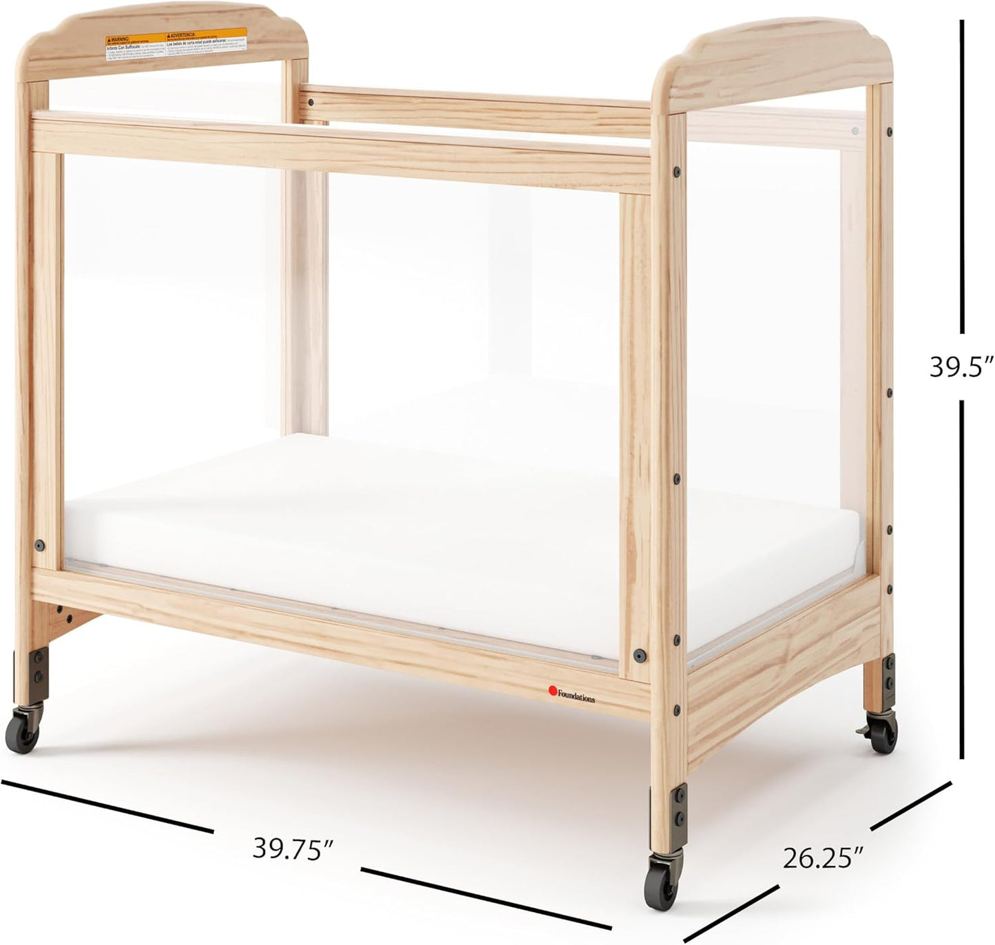 Foundations Serenity Compact Clearview Daycare Crib, Fixed Side, Durable Wood Construction, Non-Marking Casters (2 Locking), Includes 3” InfaPure Foam Mattress (Natural)