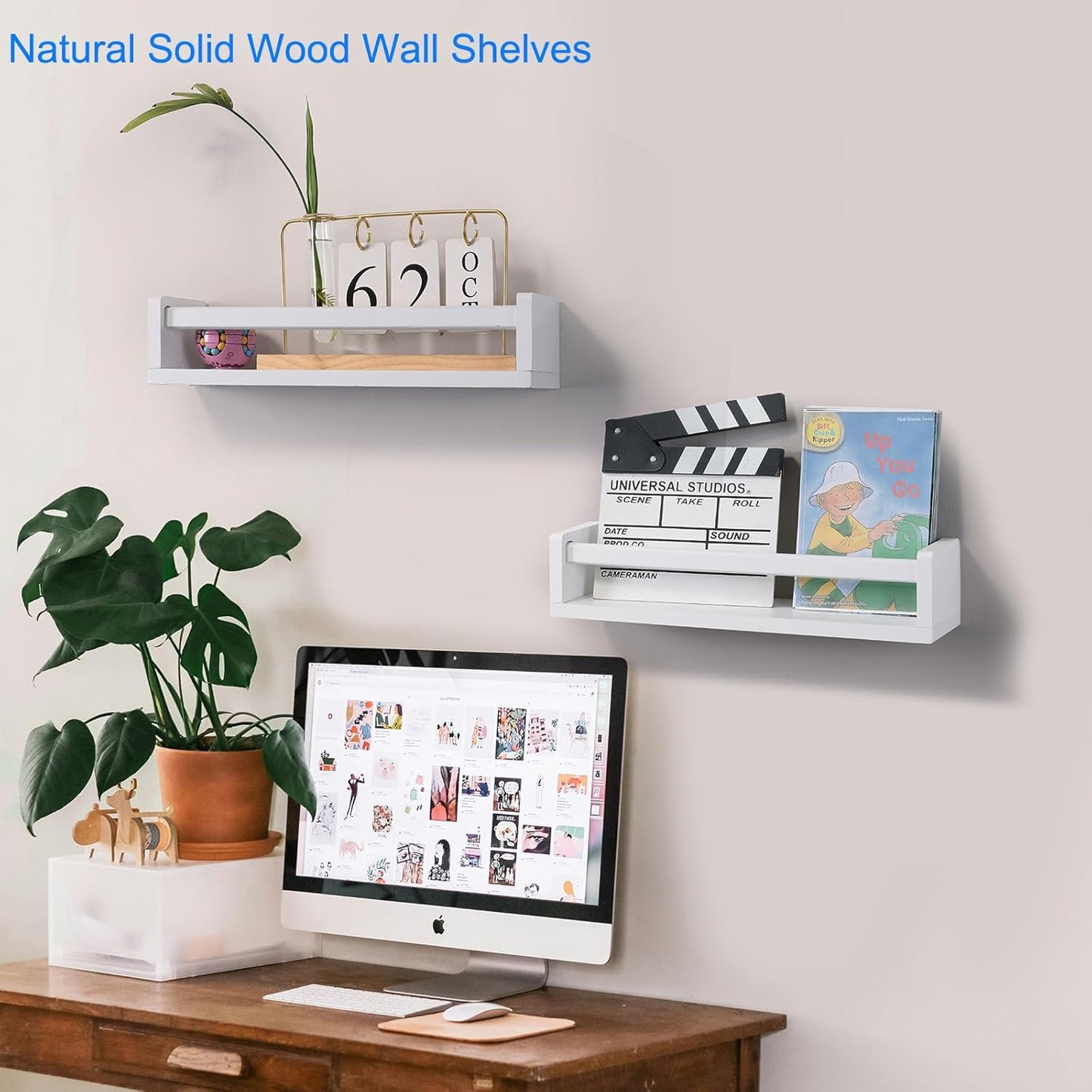 Nursery Book Shelves | Set of 2 Wood Floating Shelves for Kids Room, Kitchen Spice Rack, or Rustic Wall Mounted | Farmhouse Bathroom Décor (White)