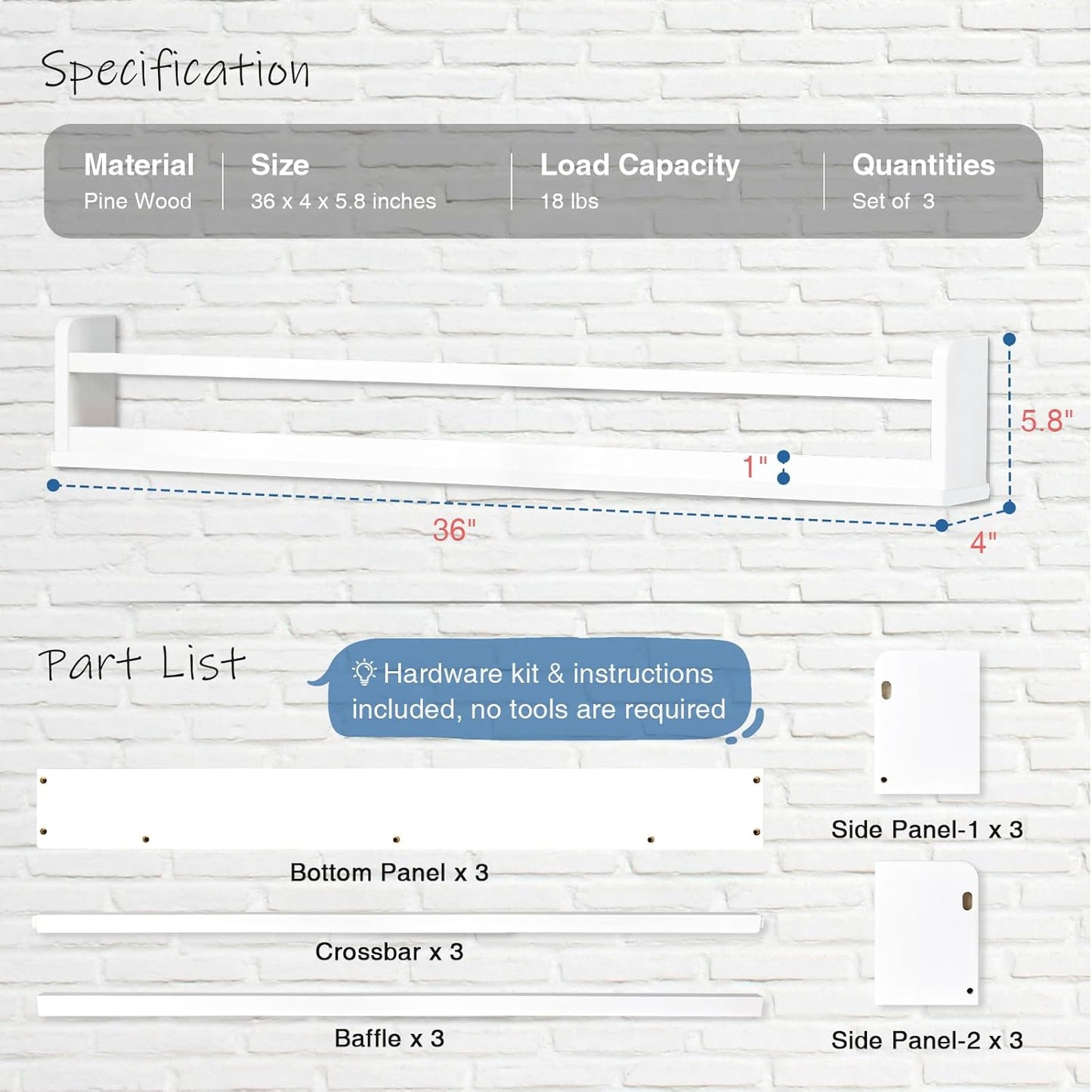 Upgraded White Wall Bookshelf for Kids Room, 36 Inch Long Floating Nursery Book Shelves for Wall, Wider Hanging Bookshelves for Toddlers Childrens Clothes Kids Bedoom Playroom -Set of 3