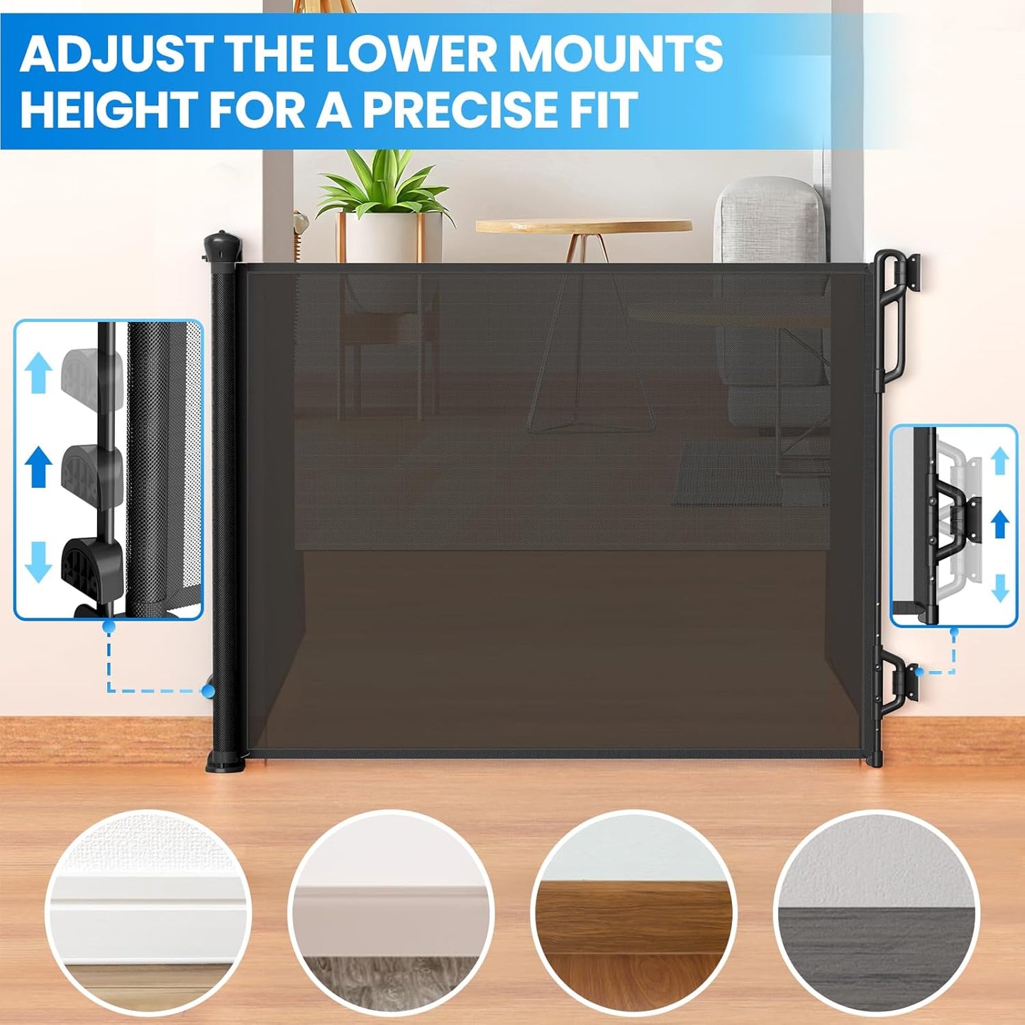 Retractable Safety Baby Gate or Mesh Dog Gate,Durable Portable Mesh Retractable Gate,Easy to Use for Stairs, Doorways, Hallways, Indoor, Outdoor, 33.5" Tall, Up to 65" Wide, Black