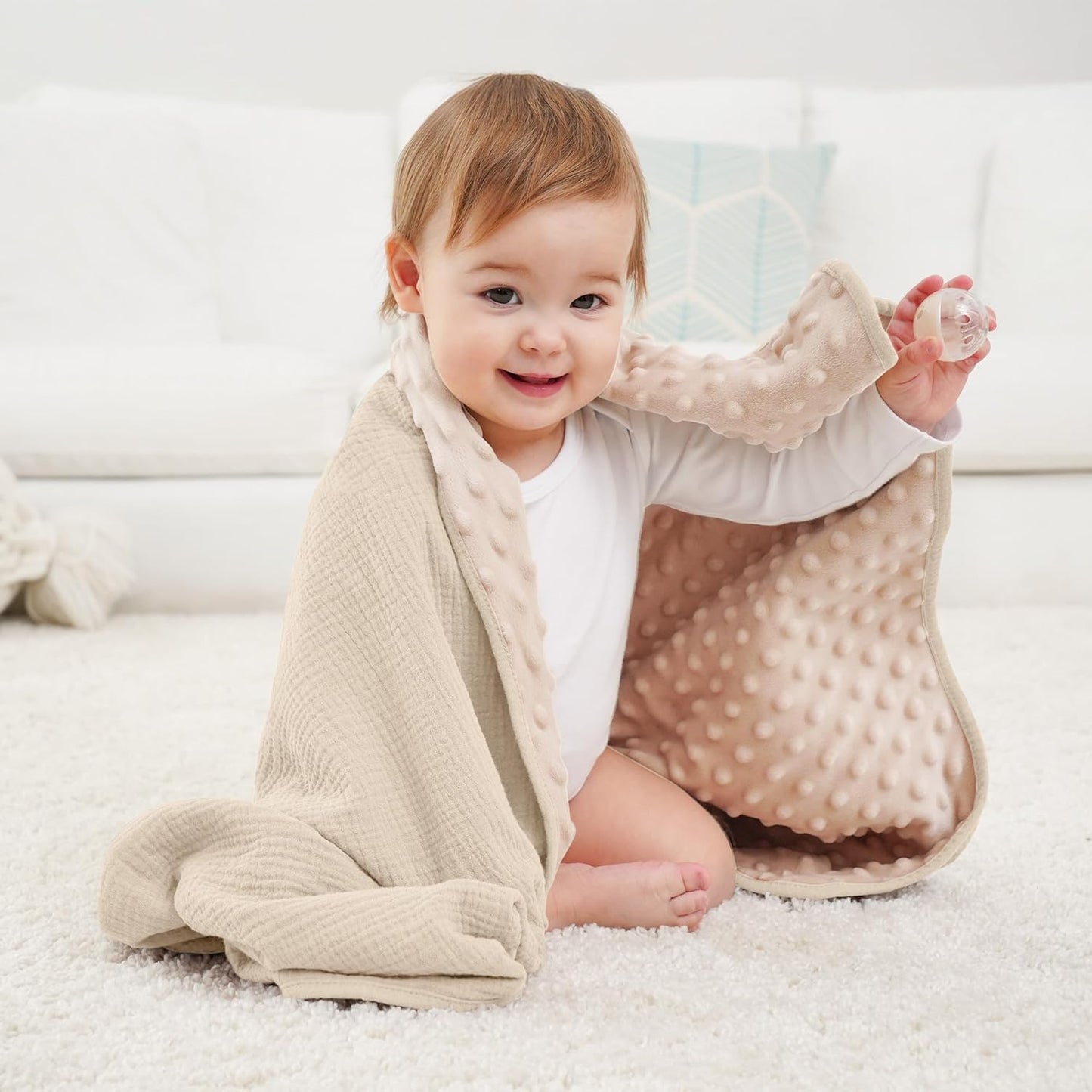 Susurration Baby Blanket for Unisex Boys Girls, Soft Nursery Minky Blanket with Muslin Cotton Front and Dotted Fleece Back, Receiving Blanket for Baby Newborn Infant, 30x40inch (Cream)