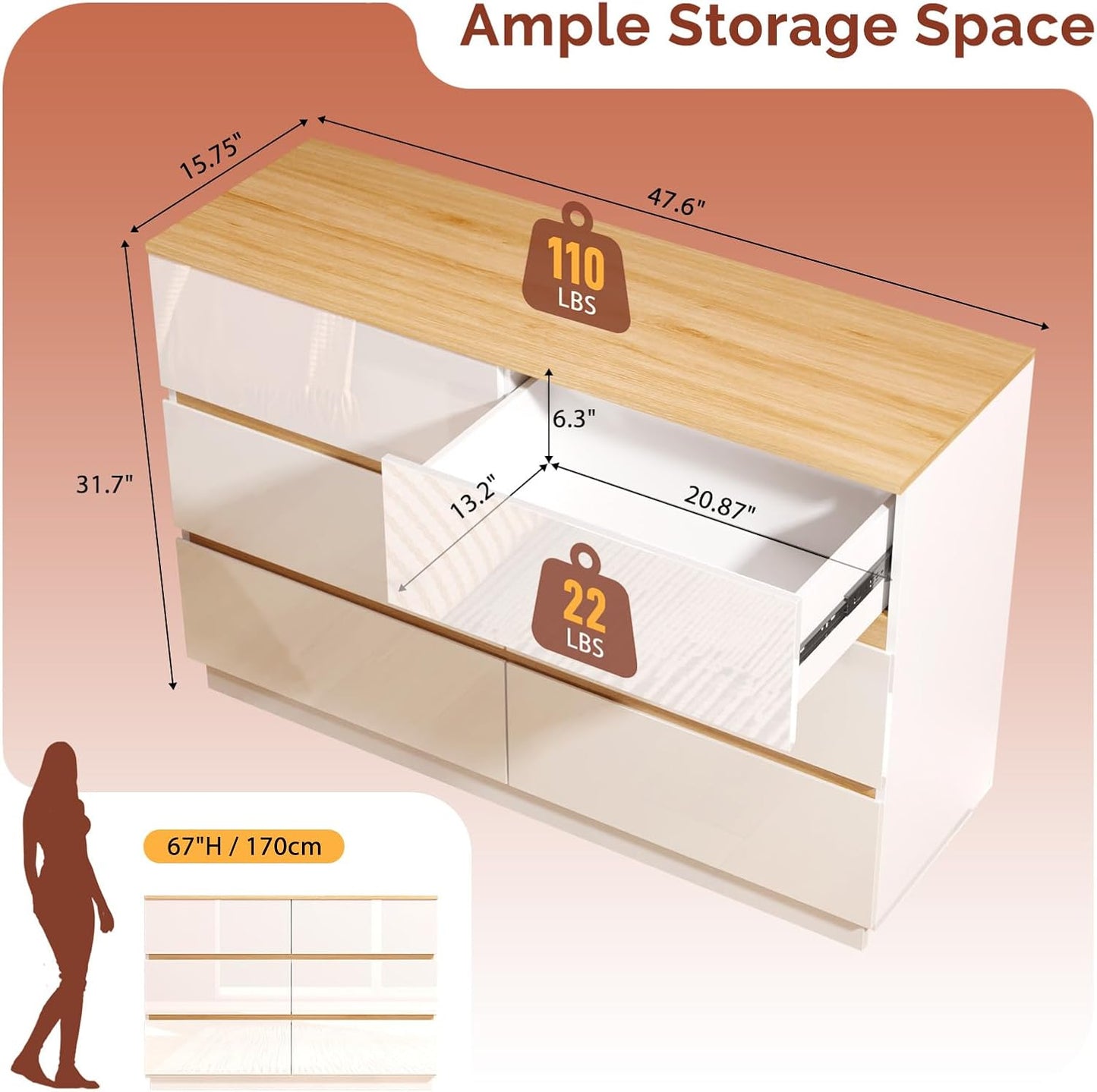 VINGLI White Dresser High Gloss Chest of Drawers, 6 Drawer Dresser for Bedroom, Modern Dressers Wood, Brown Top, 47.2" W x 15.75" D x 31.5" H