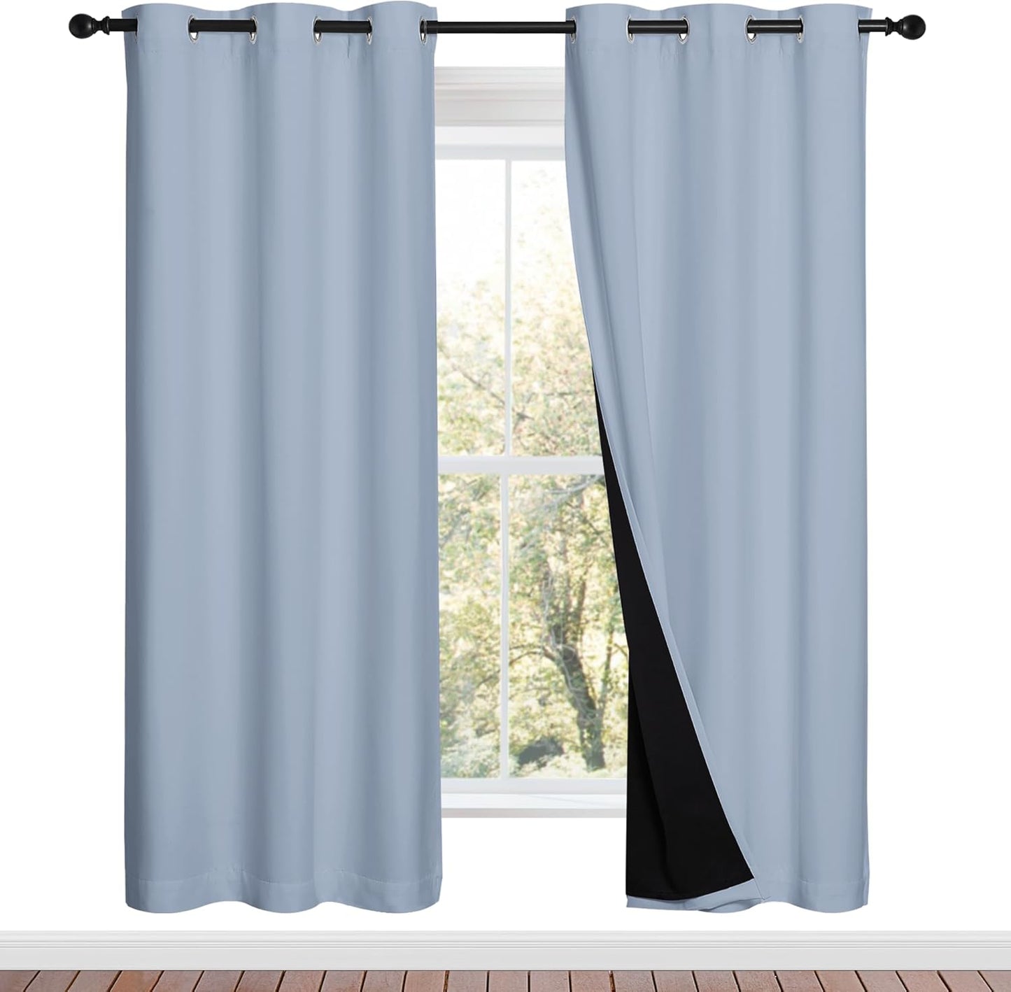 NICETOWN 100% Blackout Window Curtain Panels, Vintage Blue, 2 Pieces, 42-inch Wide Per Panel, Full Light Blocking Drapes with Black Liner for Nursery, 72-inch Drop Thermal Insulated Draperies