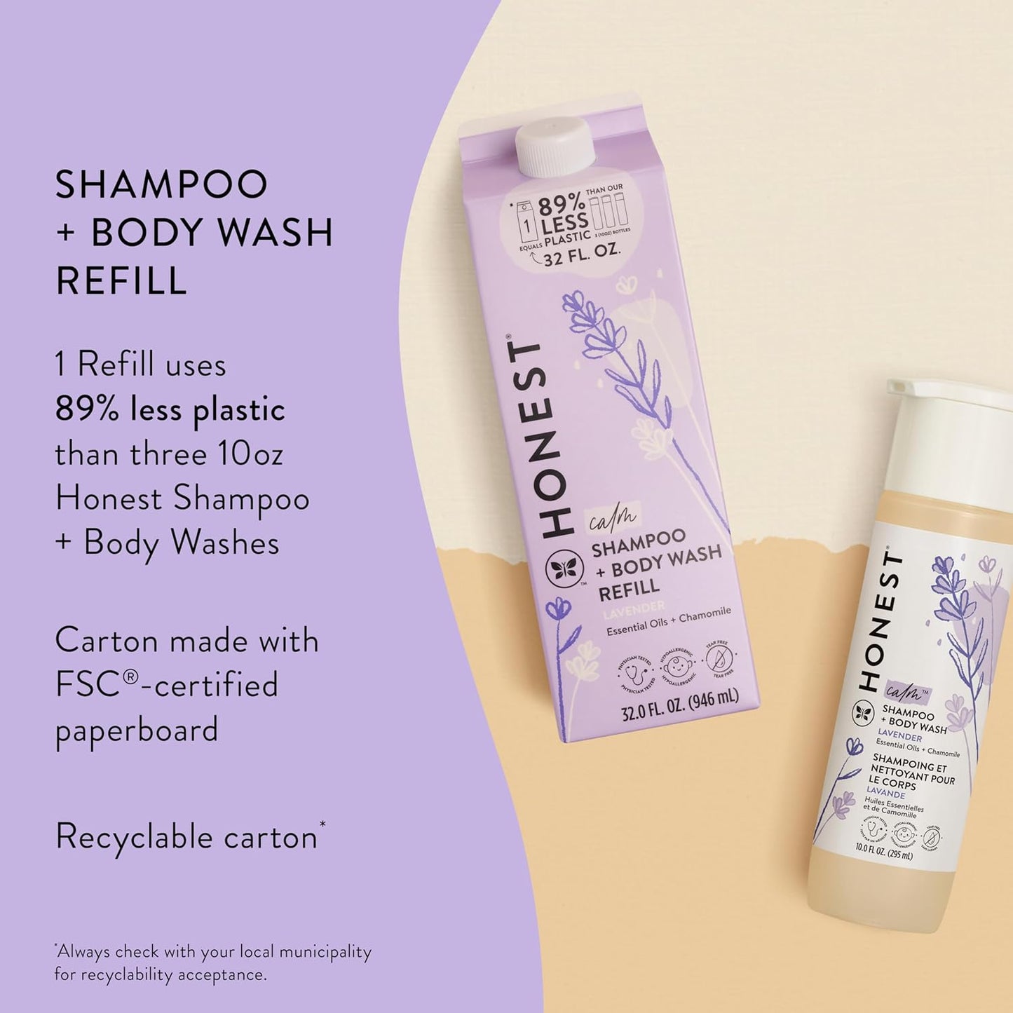 The Honest Company 2-in-1 Cleansing Shampoo + Body Wash Refill Carton | Gentle for Baby | Naturally Derived, Tear-free, Hypoallergenic | Lavender Calm, 32 fl oz