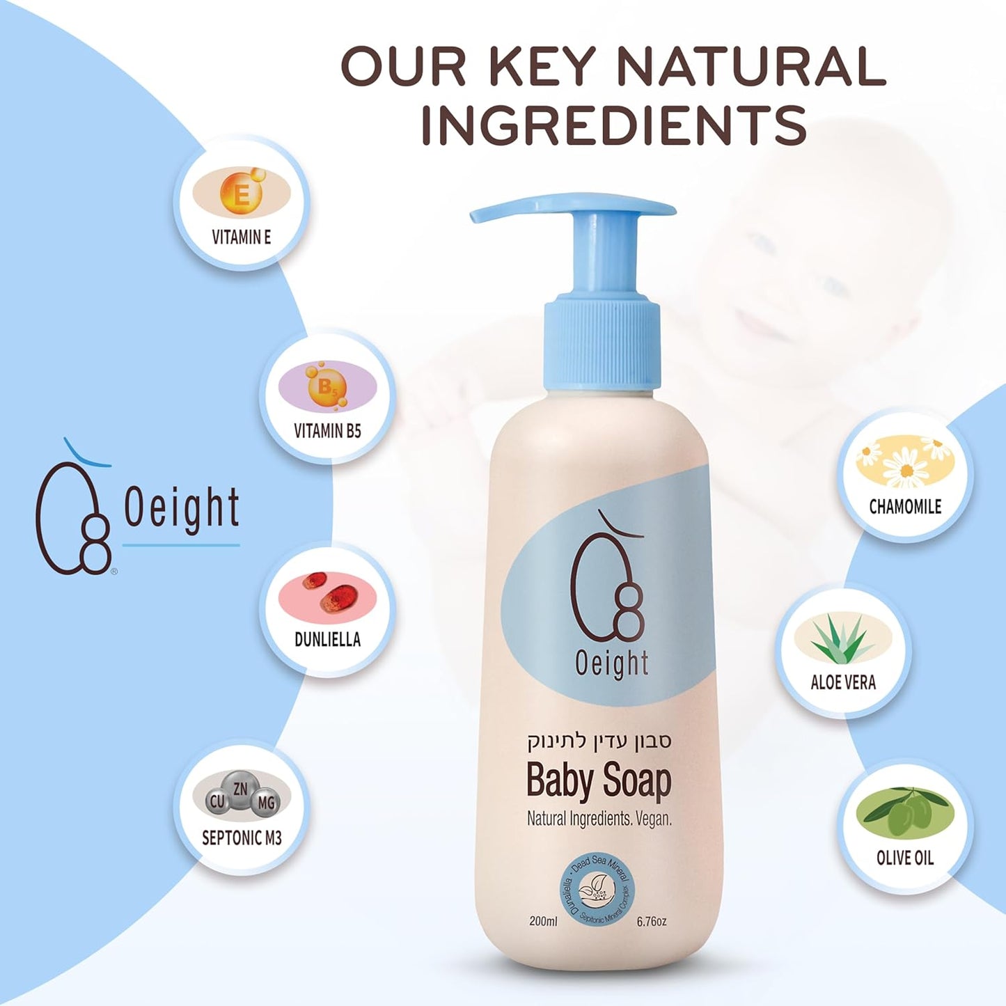 Oeight Baby Body Wash, 100% Natural Active Ingredients Sensitive Skin Baby Wash with Aloe Vera, Chamomile, Olive Oil & Provitamin B5, Dermatologically & Hypoallergenic Tested Mild Foaming Soap, 200ml