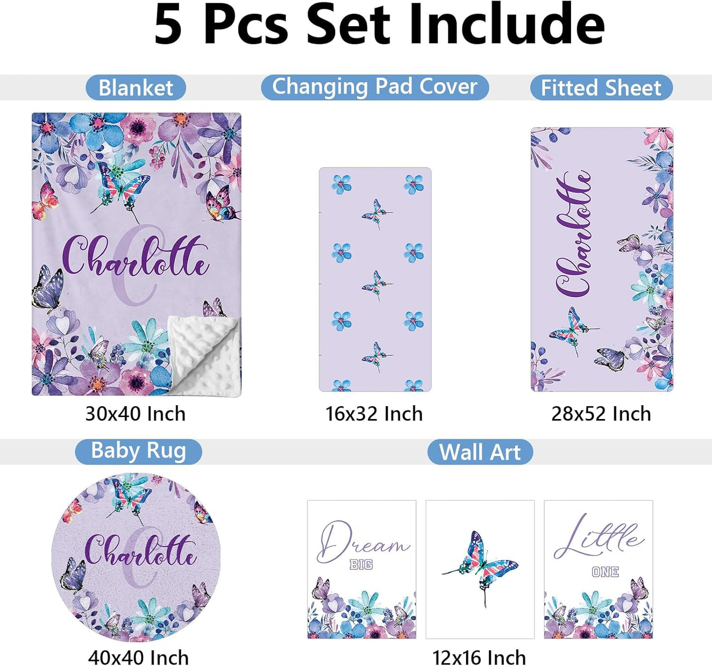Personalized 5-Piece Crib Set, Custom Bedding With Name for Girls, Purple Butterfly Nursery Set, Gifts for Infants, Toddlers, New Parents