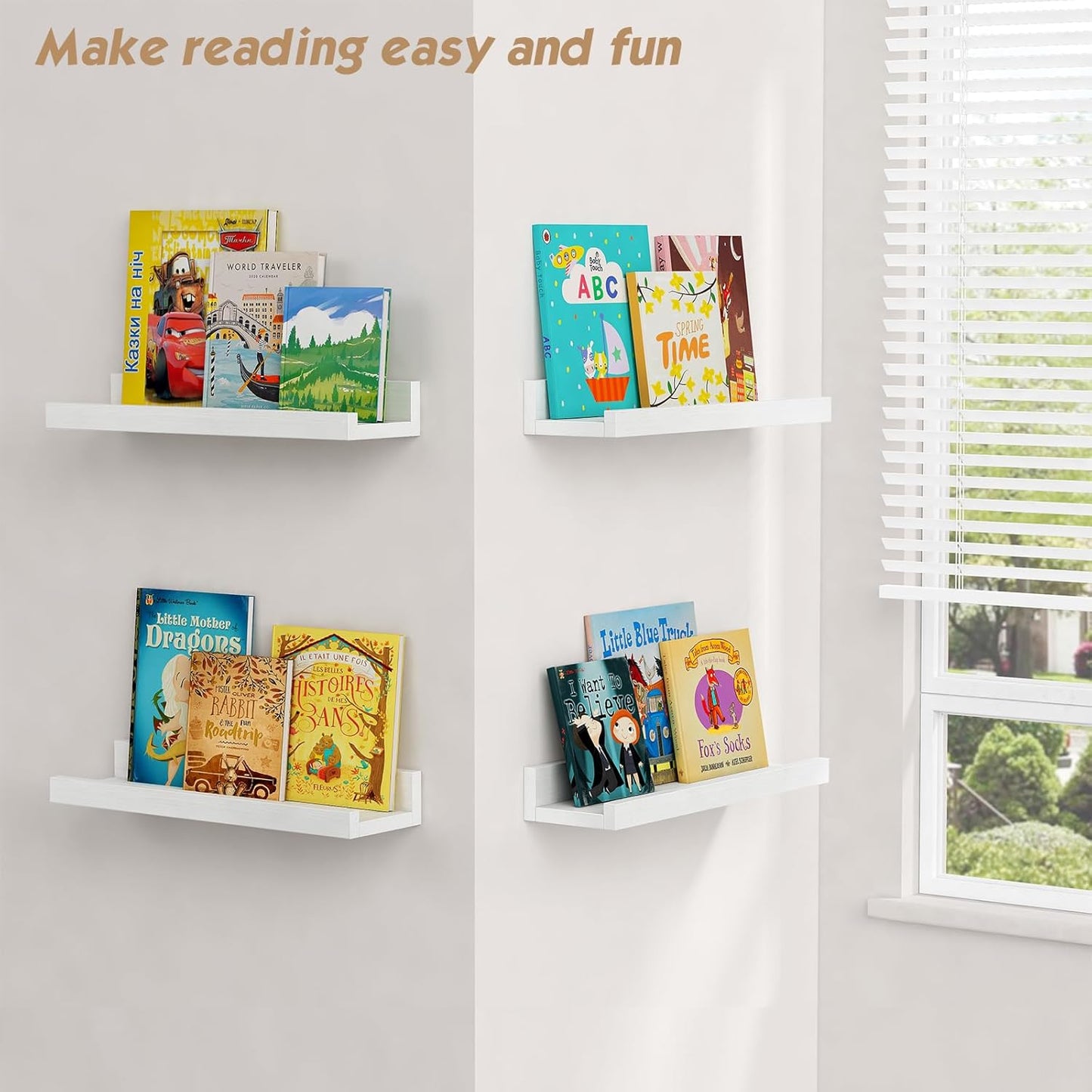 Forbena Nursery Book Shelves for Wall Set of 4, Wood Floating Kids Bookshelf for Nursery Boy Girl, Small Corner Wall Mounted Book Shelf for Baby Room, Toddler Child Bedroom Toy Decor Storage (White)