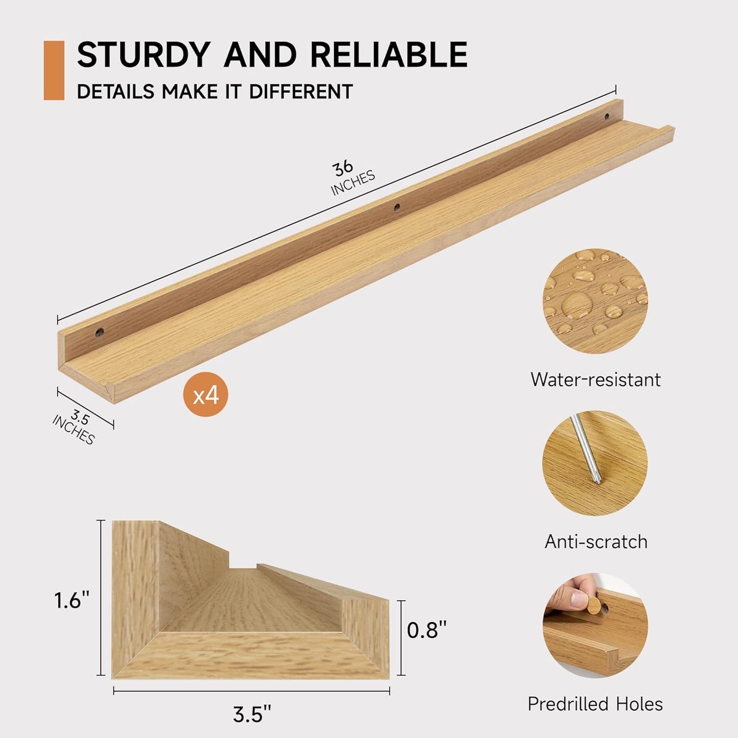 Picture Ledge Shelf for Wall, Floating Shelves Set of 4, 36 Inch Long Nursery Book Shelves for Toys Storage, Kids Bookshelf Wall Mounted for Books Photo Frames, Oak