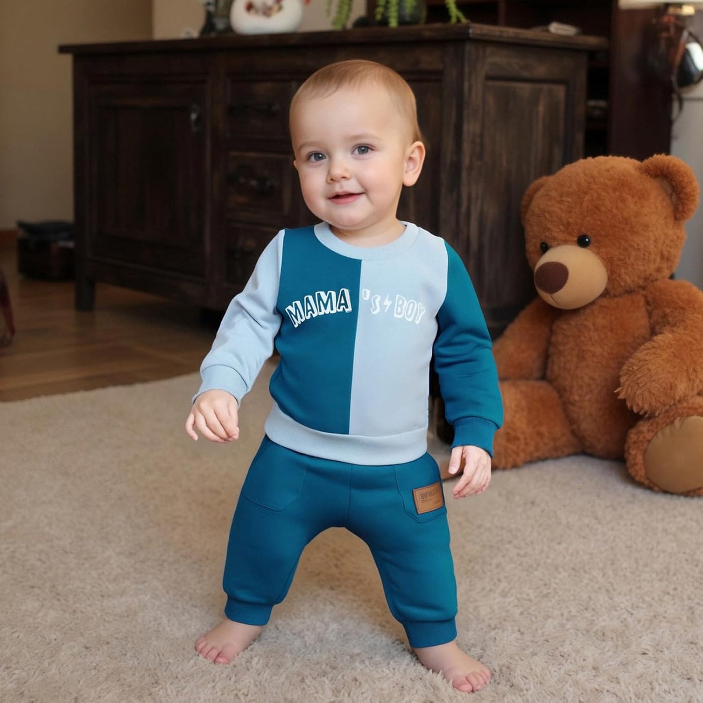 Kupretty Toddler Baby Boy Fall Winter Clothes Color Block Long Sleeve Sweatshirt Pullover Tops + Joggers Pants Outfit Set