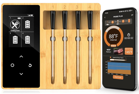 Accurate Smart Wireless Meat Thermometer - 4 Probes, Long Range Bluetooth, Real-time Alerts, Dishwasher Clean, Waterproof, Digital Cooking Thermometer for Grill, BBQ, Oven, Smoker
