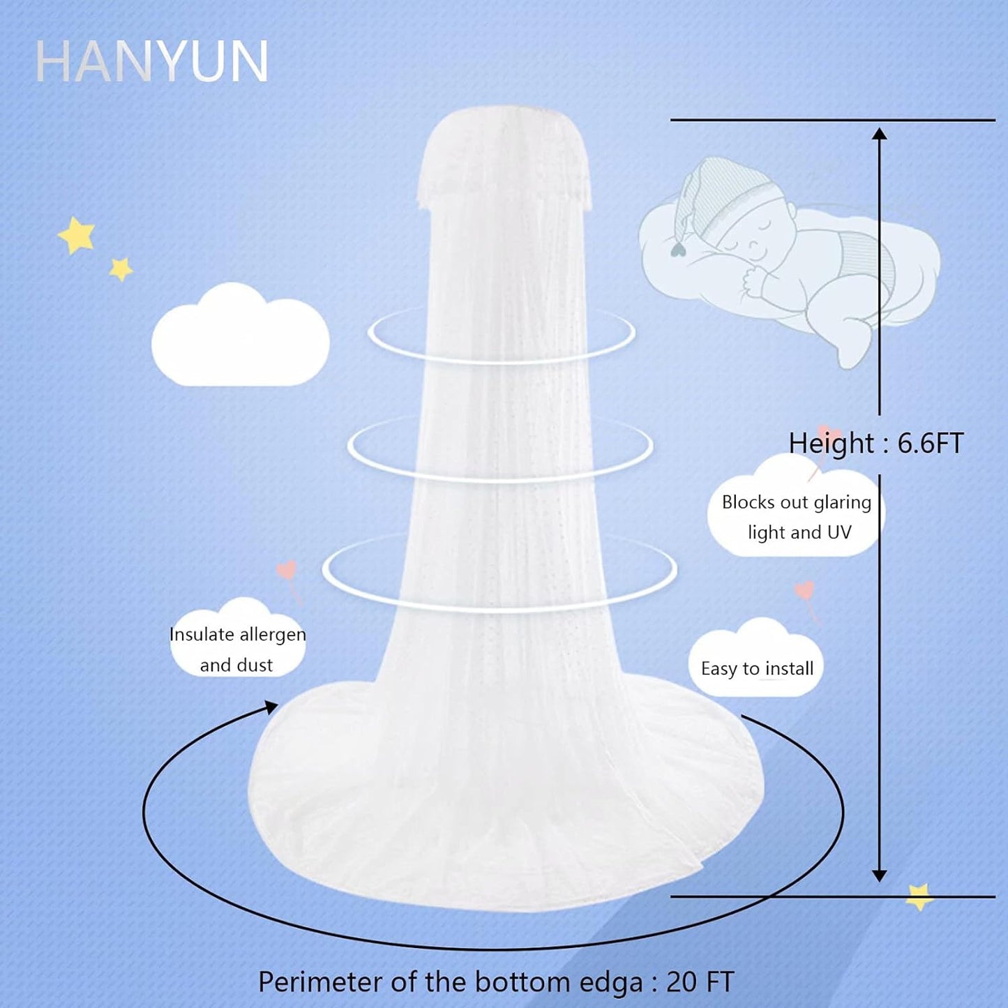 Baby Bed Canopy with Adjustable Clip-on Stand Baby Crib Cot Net Tent Hanging Dome Curtain Netting See Through Mesh Bed Cover Net Stand Rod