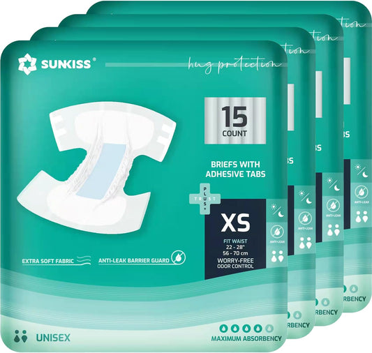 SUNKISS TrustPlus Adult Diapers with Maximum Absorbency, Unisex Disposable Incontinence Briefs with Tabs for Men and Women, Odor Control, XSmall, 60 Count (4 Packs of 15)