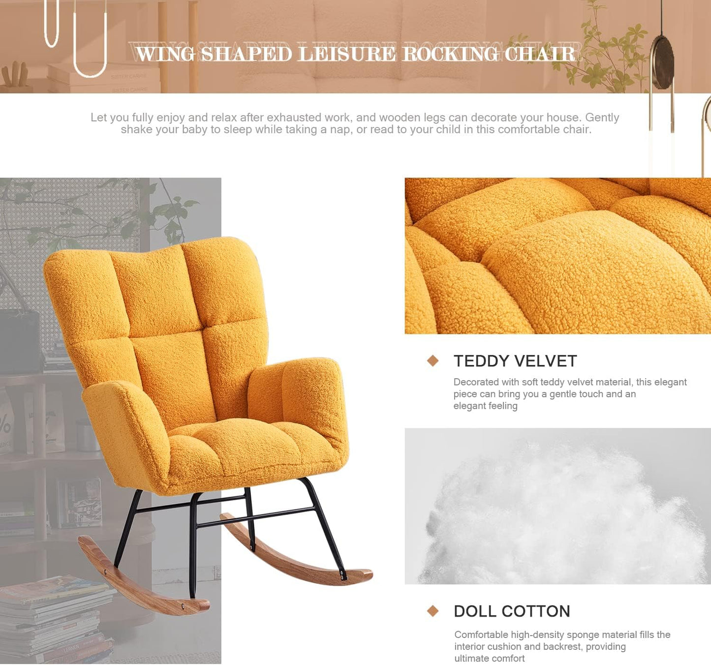 Nursery Rocking Chair, Teddy Upholstered Glider Rocker with High Backrest Armchair, Modern Rocking Accent Chairs for Nursery, Living Room, Bedroom, Offices (Yellow)
