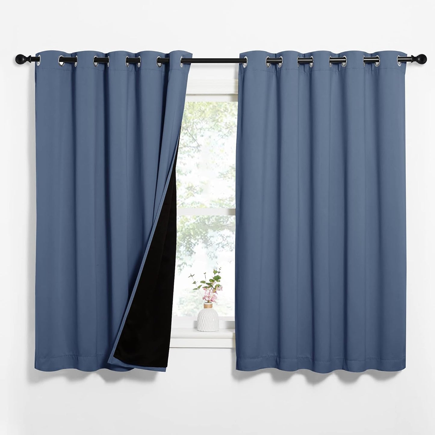NICETOWN 100% Blackout Curtains 63 inches Long, Pair of Energy Smart & Noise Blocking Out Drapes for Baby Room Window, Thermal Insulated Guest Room Lined Window Dressing (Stone Blue, 62 inches Wide)
