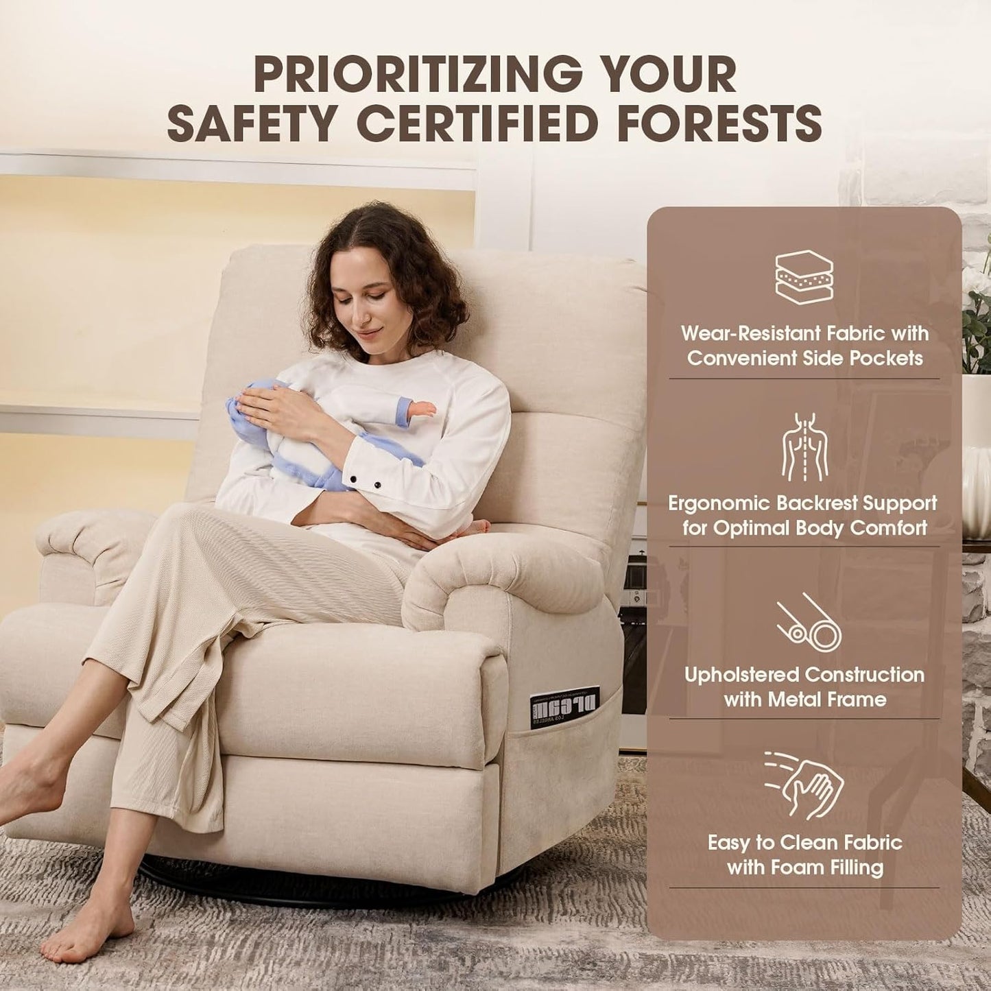 Large Glider Rocker Recliner,Beige Swivel Rocking Recliner Chair,Reclining Sofa Rocking Chair Nursery,23 Inches Deep Seat & 27 inches High Back,for Living Room, Bed Room‎ (Beige)