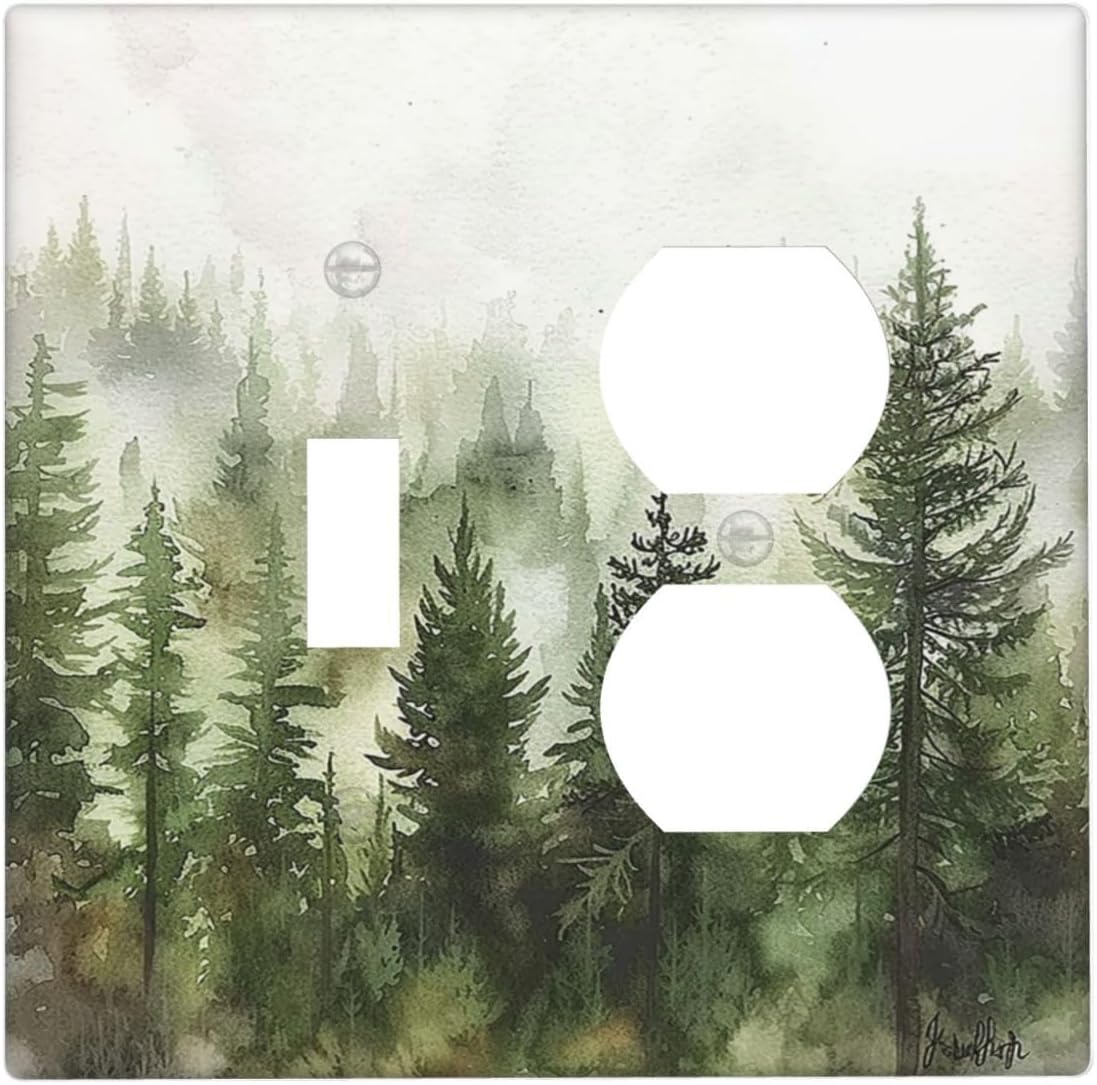 Wallplates Green Forest Watercolor Painting Foggy Pine 1 Toggle 1 Duplex Switch Plate Electrical GFCI Faceplate Decorative Light Switch Covers for Bedroom living Room Decor