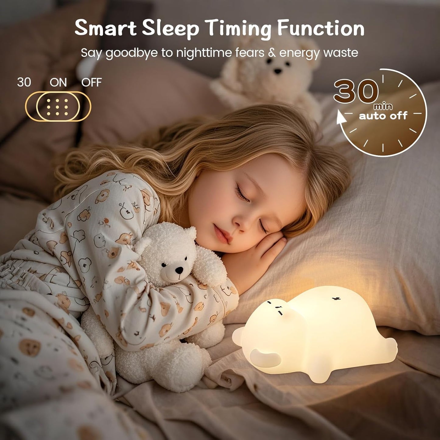 Snoring Bear Night Light – Adorable Gift for Kids, Babies, Moms & Seniors – Soft Silicone Sleep Lamp with Sound, 3 Brightness Levels, 30-Min Timer – BPA-Free Bedside Nightlight
