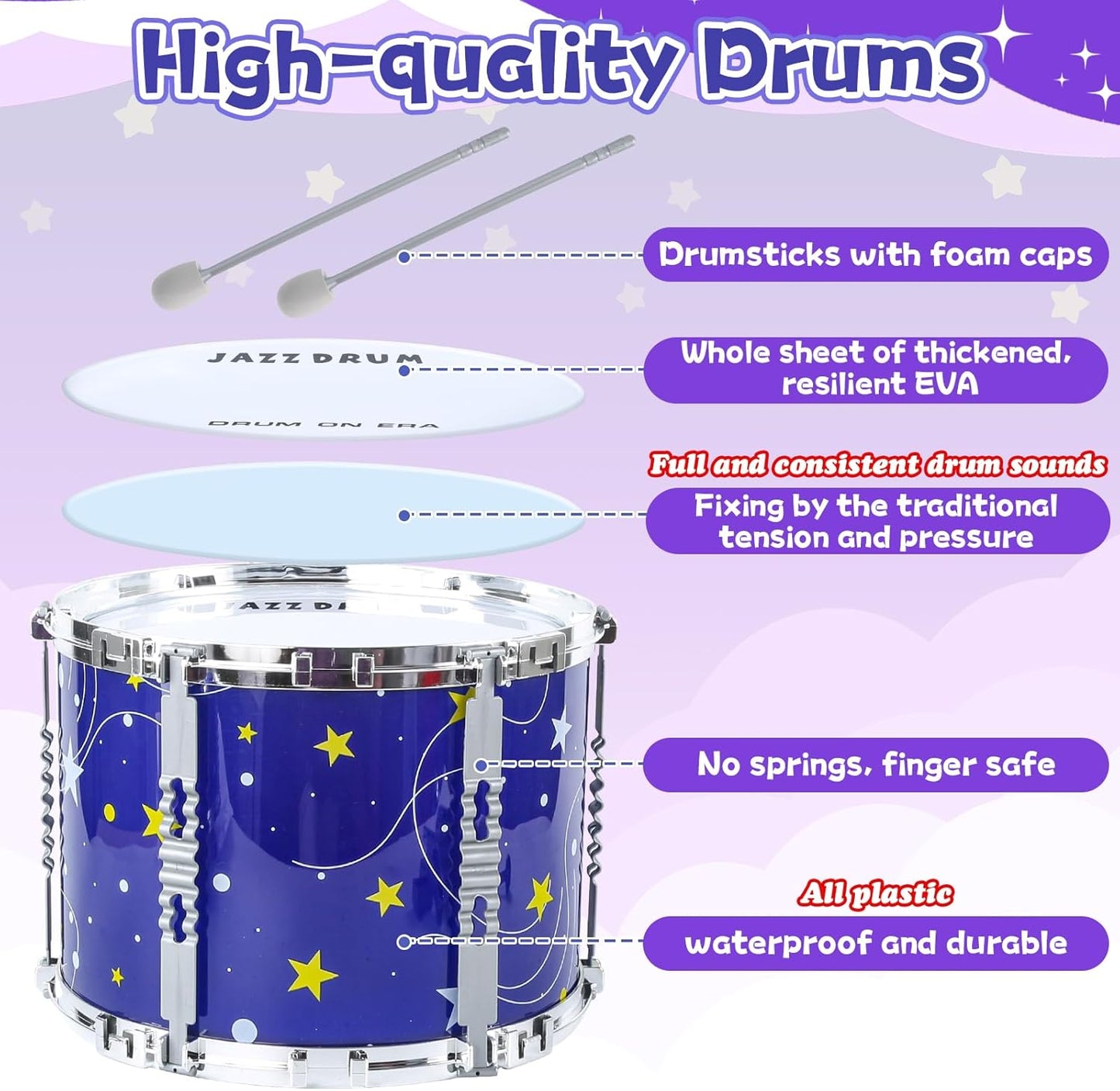 Upgraded Kids Drum Set for Toddlers 1-3, Kids Jazz Drum Ages 3-5, Star Light up Musical Instrument Toys for Boys Girls 2-5 4-6 5-7 ( All Plastic)
