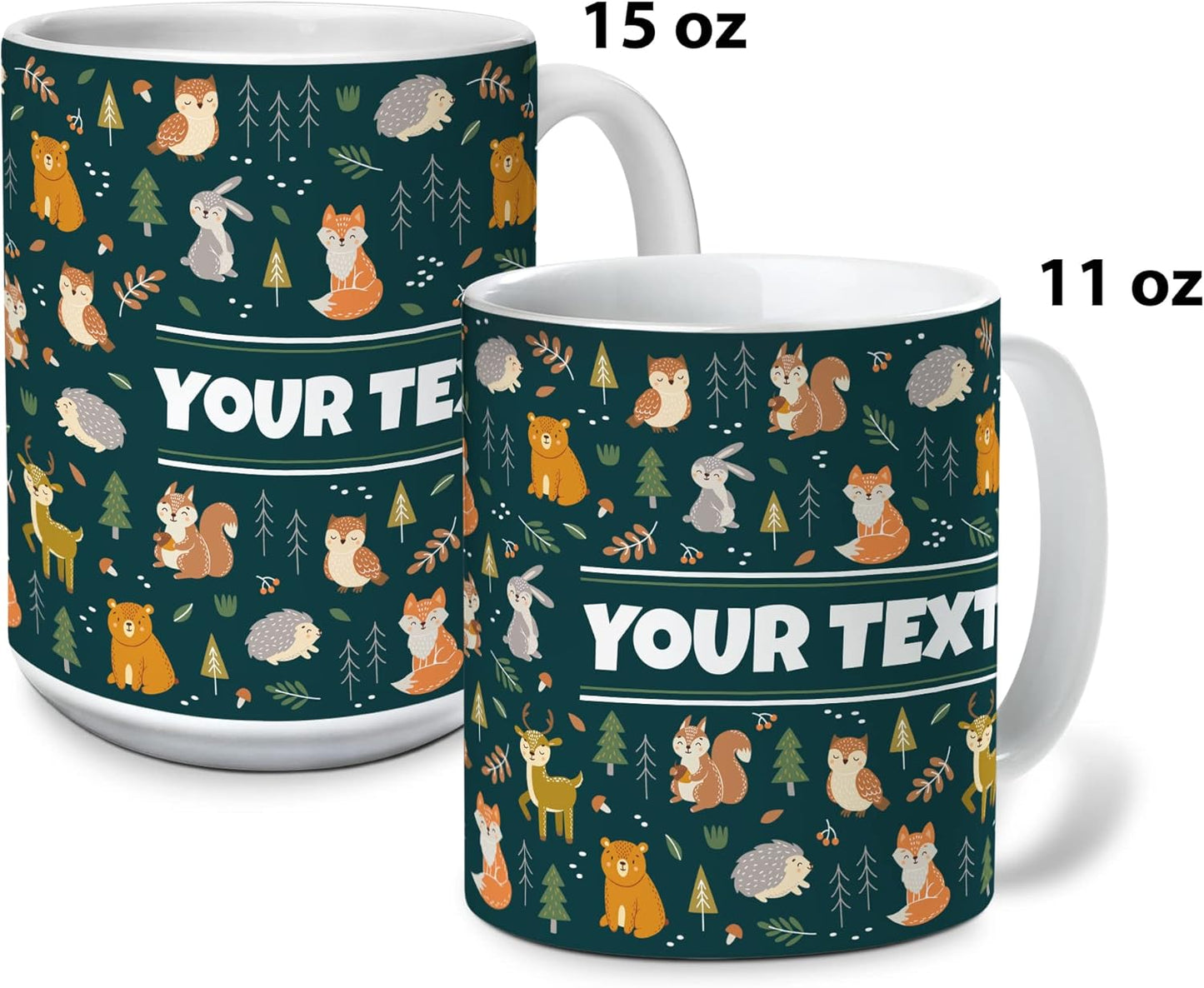 Personalized Mug for Kids - Woodland Animals - Custom Name/Text, Ceramic Hot Chocolate/Cocoa/Coffee Cup for Boys/Girls, Birthday/Christmas/Holiday Gift - 11 oz, Black Handle