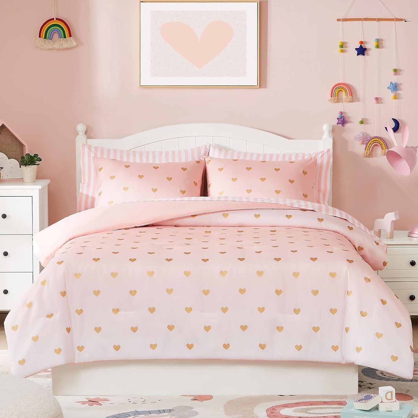 Full Size Comforter Sets with Sheets for Girls-7 Pieces Full Size Bedding Sets with Pink Comforter, Sheets, Pillowcases & Shams for Kids (Pink Gold Heart, 76" X 86")