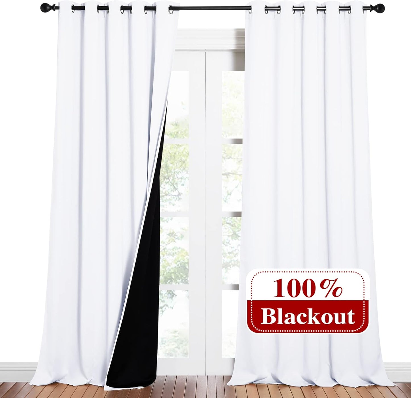 NICETOWN Full Shading Cold Blocking Curtains for Windows, Super Heavy-Duty Black Lined Blackout Curtains for Bedroom, Privacy Assured Window Treatment (White, Pack of 2, 62 inches W x 95 inches L)