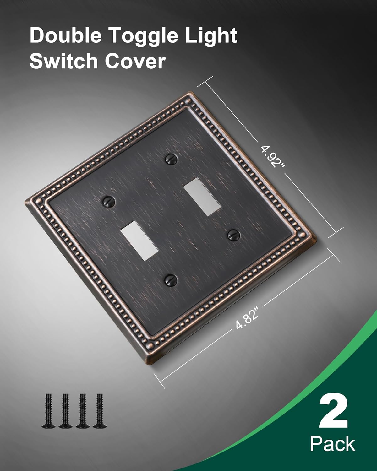 2-Pack Double Toggle Light Switch Cover Plate, Pearls Decorative Dual Switch Plate Covers, Aged Bronze 2 Gang Metal Wall Plate, Corrosion Resistant