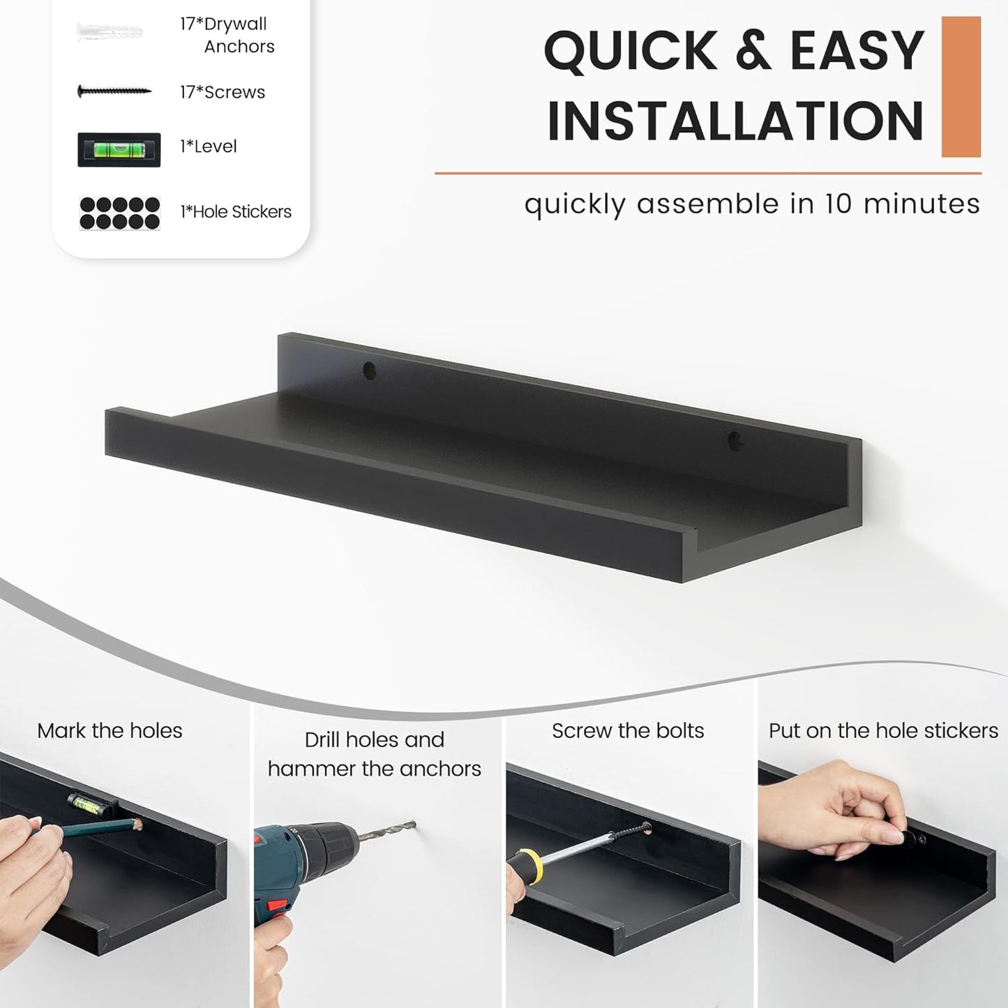 Floating Picture Ledge Shelves for Wall Set of 8, 16 Inch Solid Wood Wall Shelves with Lip Long Large Nursery Book Shelf for Toys Storage Kids Bookshelf Wall Mounted Living Room Bedroom Decor Frames