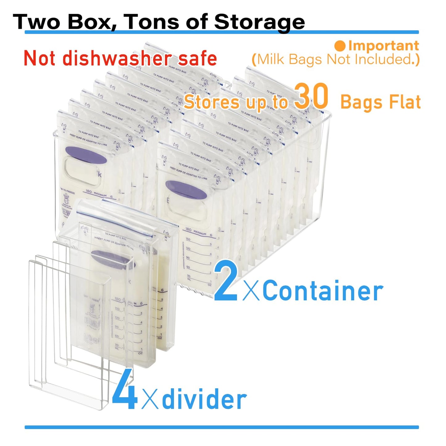 Breastmilk Storage Container with 4 Freezer Flattener Kit to Flatten Standing Breast Milk Bags in Organizer Bins Save Refrigerator Space |Vertical Storage