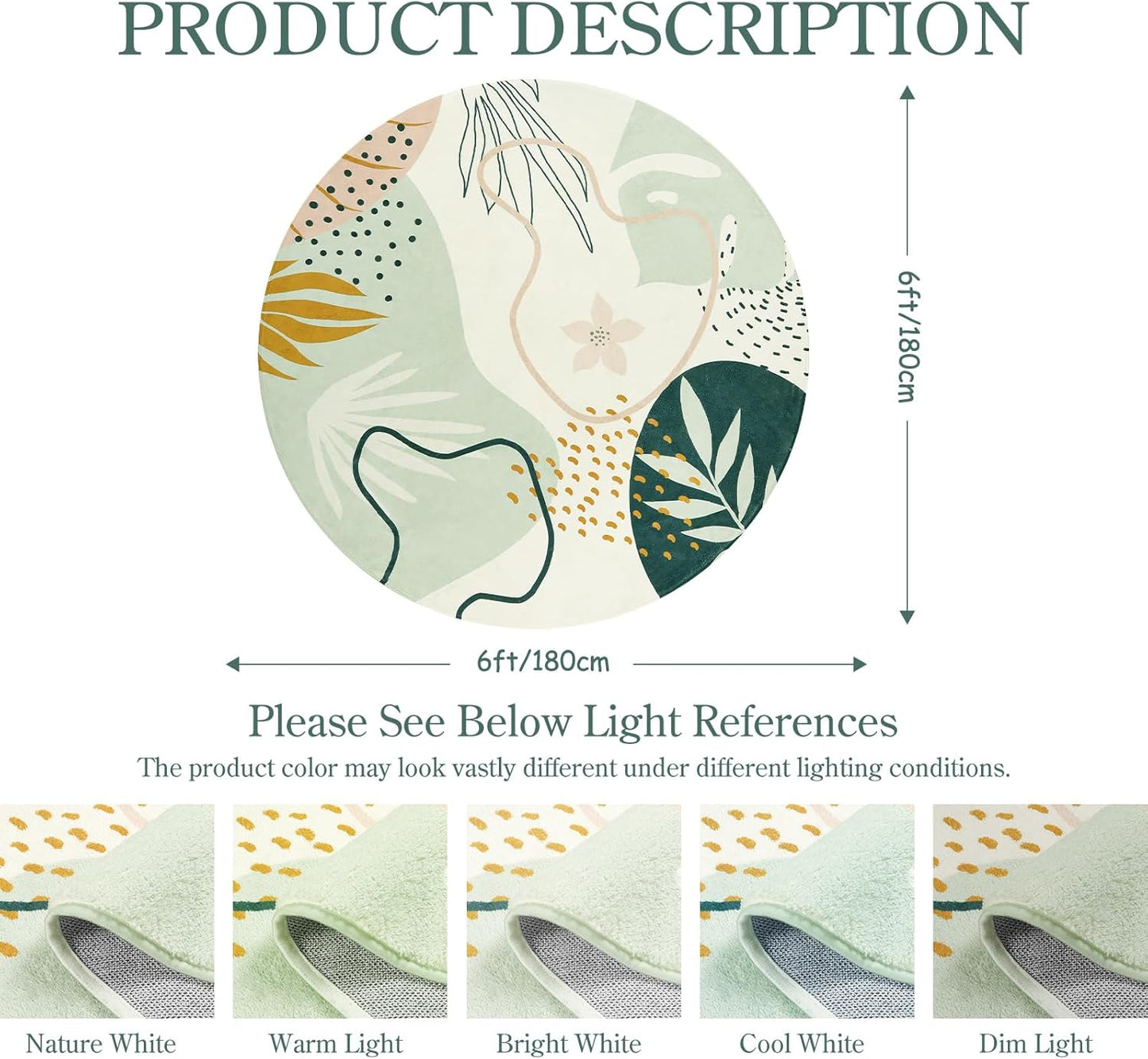 Lahome Green Washable Round Rug - 6Ft Round Area Rug for Living Room Throw Soft Boho Round Rug Large Non-Slip Round Dining Room Rug, Botanical Print Round Carpet for Bedroom Entryway Classroom Dorm