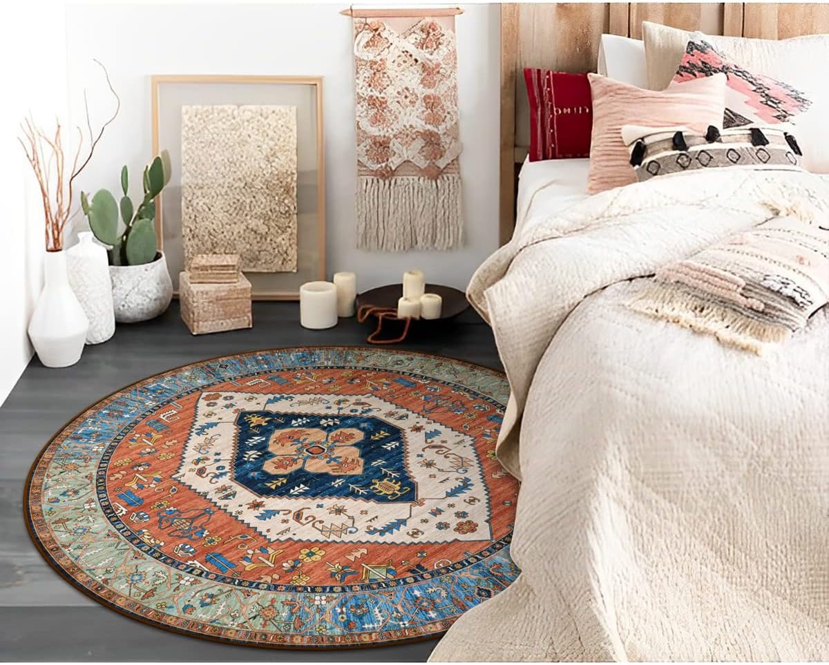 Lahome Boho Washable 3Ft Round Area Rug, Non-Slip Throw Untra-Thin Small Round Carpet, Oriental Vintage Distressed Circle Rug for Bathroom Bedroom Kitchen Office Sofa, 3x3/Rust