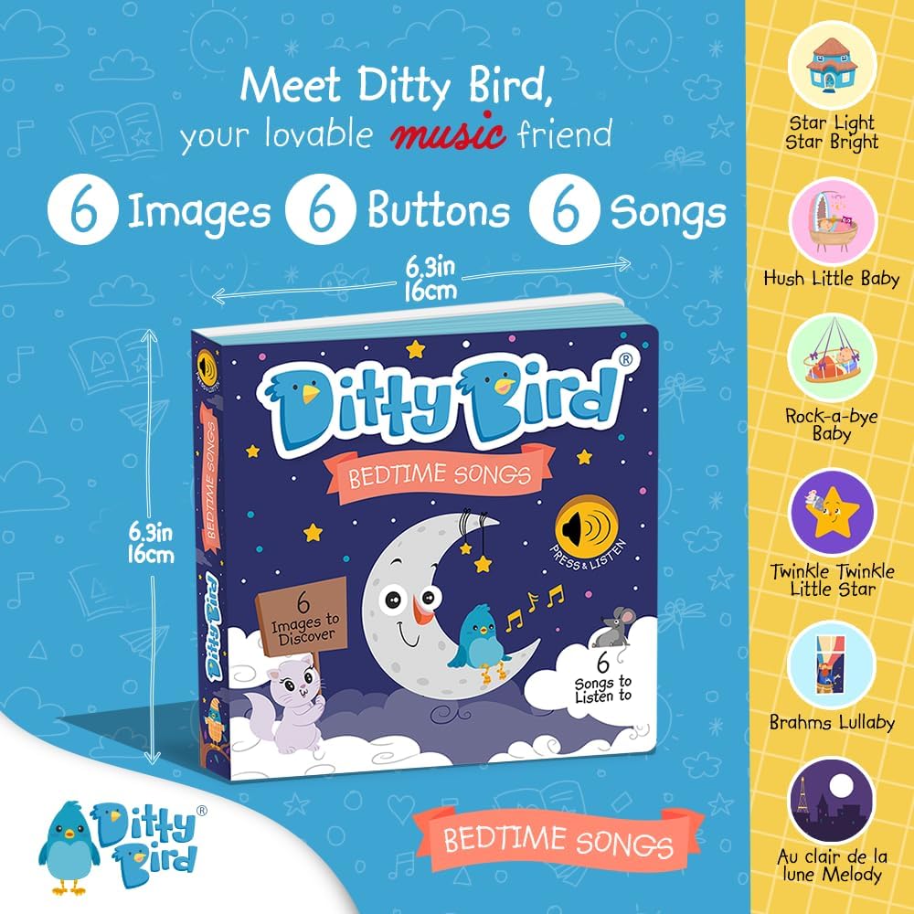 Ditty Bird Musical Books for Toddlers | Interactive Nursery Rhymes Book with Sound | Old Macdonald’s Farm, Twinkle Little Star & More Songs | Fun Baby Book for 1-3 Year Olds (Bedtime Songs)