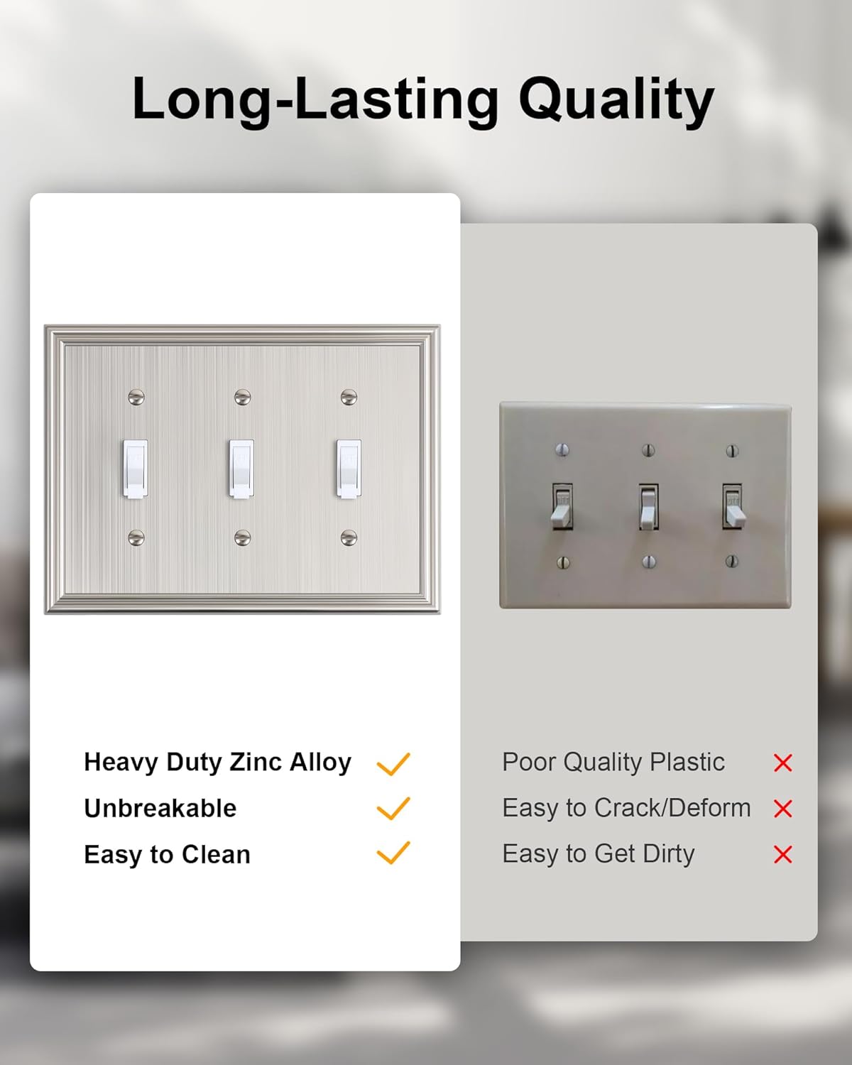 2-Pack Triple Toggle Light Switch Cover Plate, Durable Solid Zinc Alloy Decorative Switch Plate Covers, Brushed Nickel 3 Gang Wall Plate, Corrosion Resistant