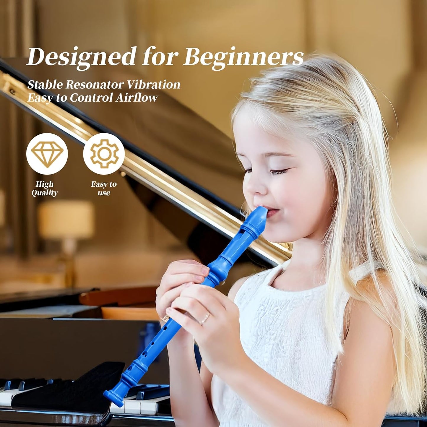 Soprano Recorder for Kids Beginners, German Fingering, C Key, 3 Piece with Cleaning Rod, Bag, Fingering Chart (Blue)…