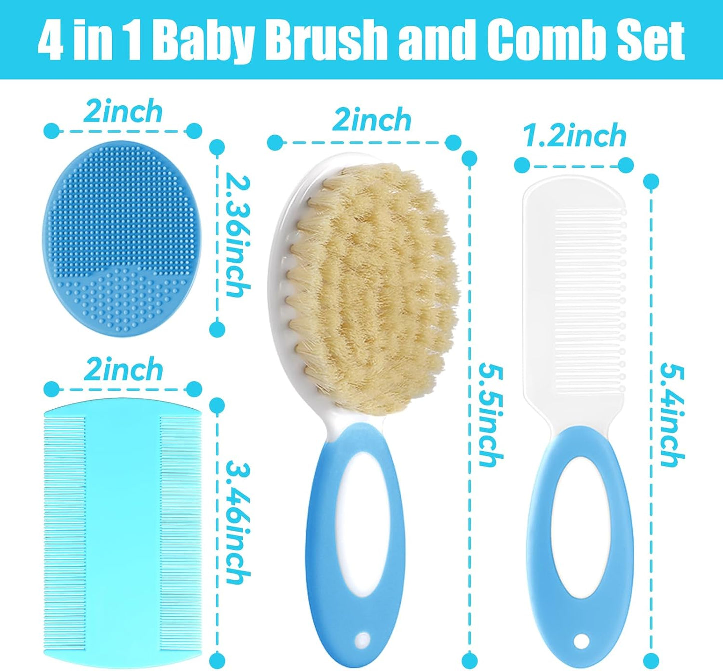 Baby Hair Brush and Comb Set, 4Pcs Baby Soft Bristles Hairbrush Cradle Cap Brush Hair Comb for Newborns Toddlers Boys Girls (Blue)