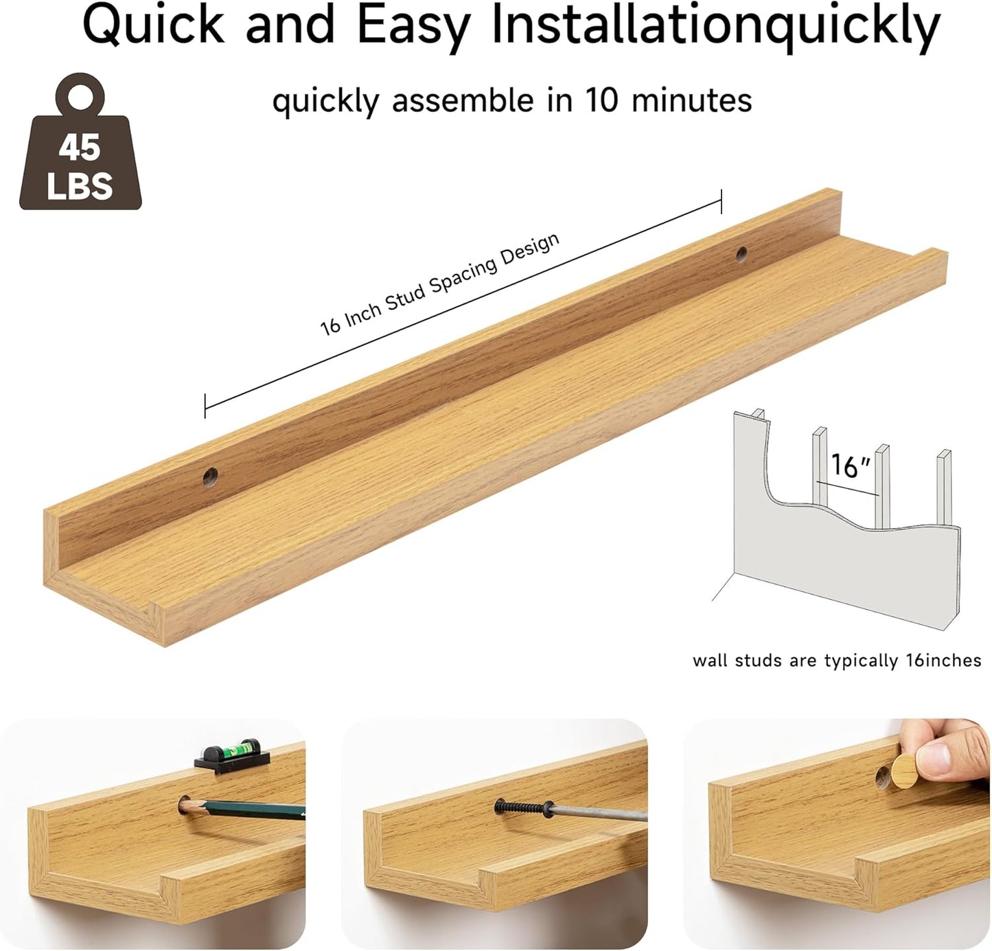 Fun Memories Picture Ledge Shelf, 24 Inch Floating Shelves Set of 2, Nursery Book Shelves for Toys Storage, Kids Bookshelf Wall Mounted for Wall Decor Books Photo Frames, Oak