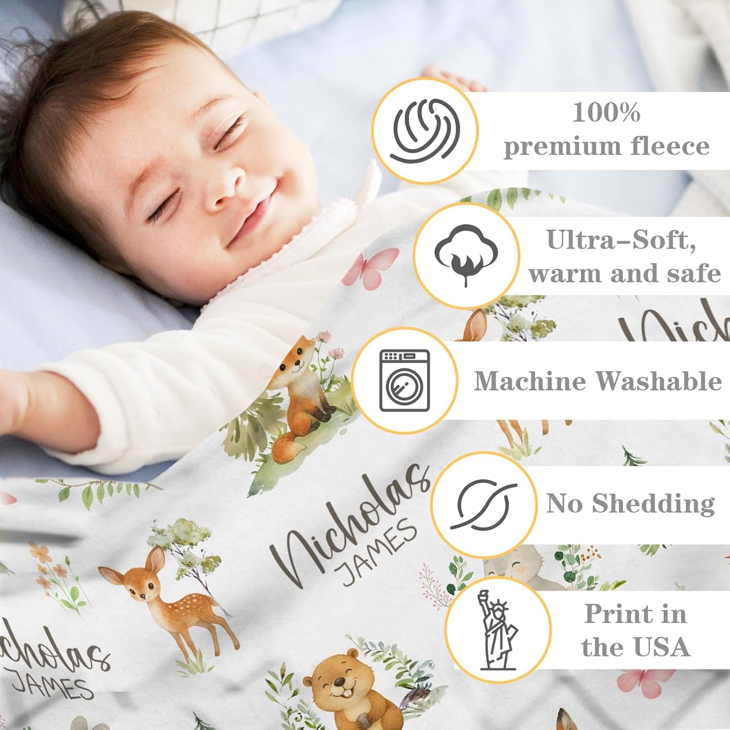 Personalized Baby Blanket for Boys Girls Super Soft Cozy Custom Baby Blanket with Name Lovely Woodland Animal Design Bed Throw for Toddler Newborn 30 x 40 Inch Customized Baby Gifts